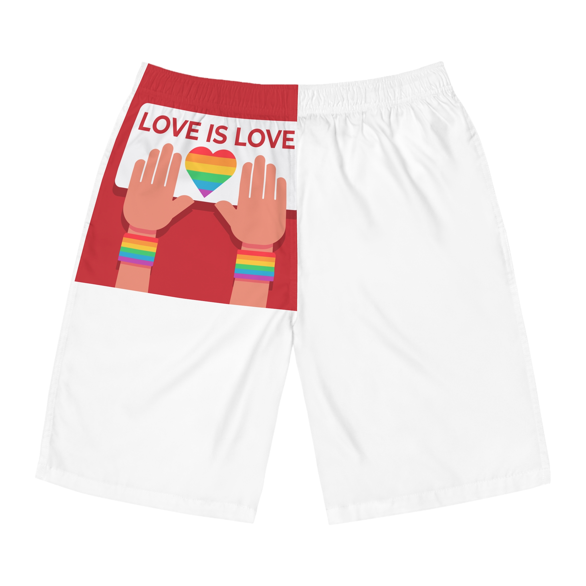 Hands Holding Lgbt Posters People Crowd With Rainbow Flag Gender Signs Hearts Lgbtq Community Pride Mens Board Shorts Aop