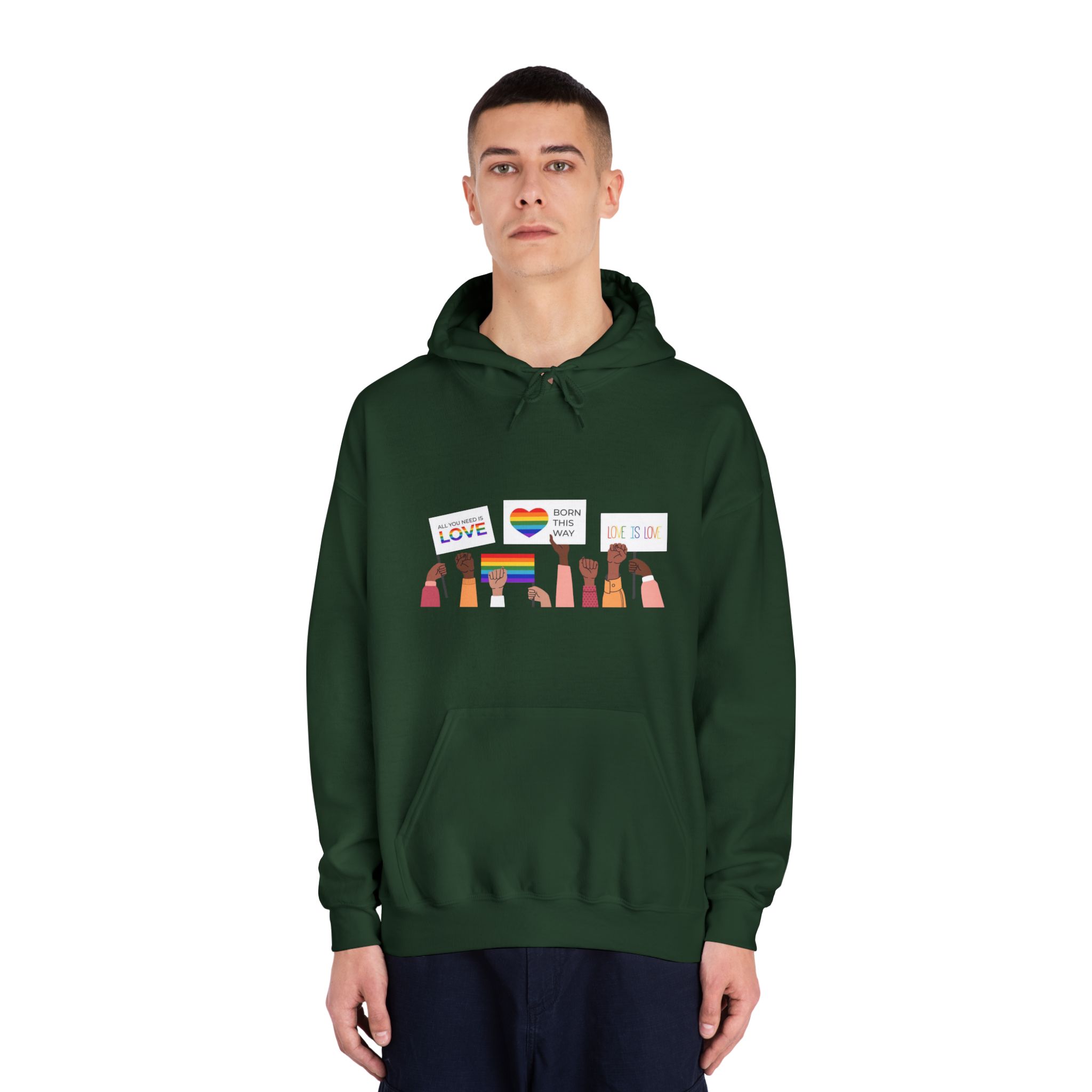 People Holding Lgbt Posters Symbols Signs Flags With Rainbows Pride Month Human Rights Love Is Love Unisex Dryblend Hooded Sweatshirt - Image 23
