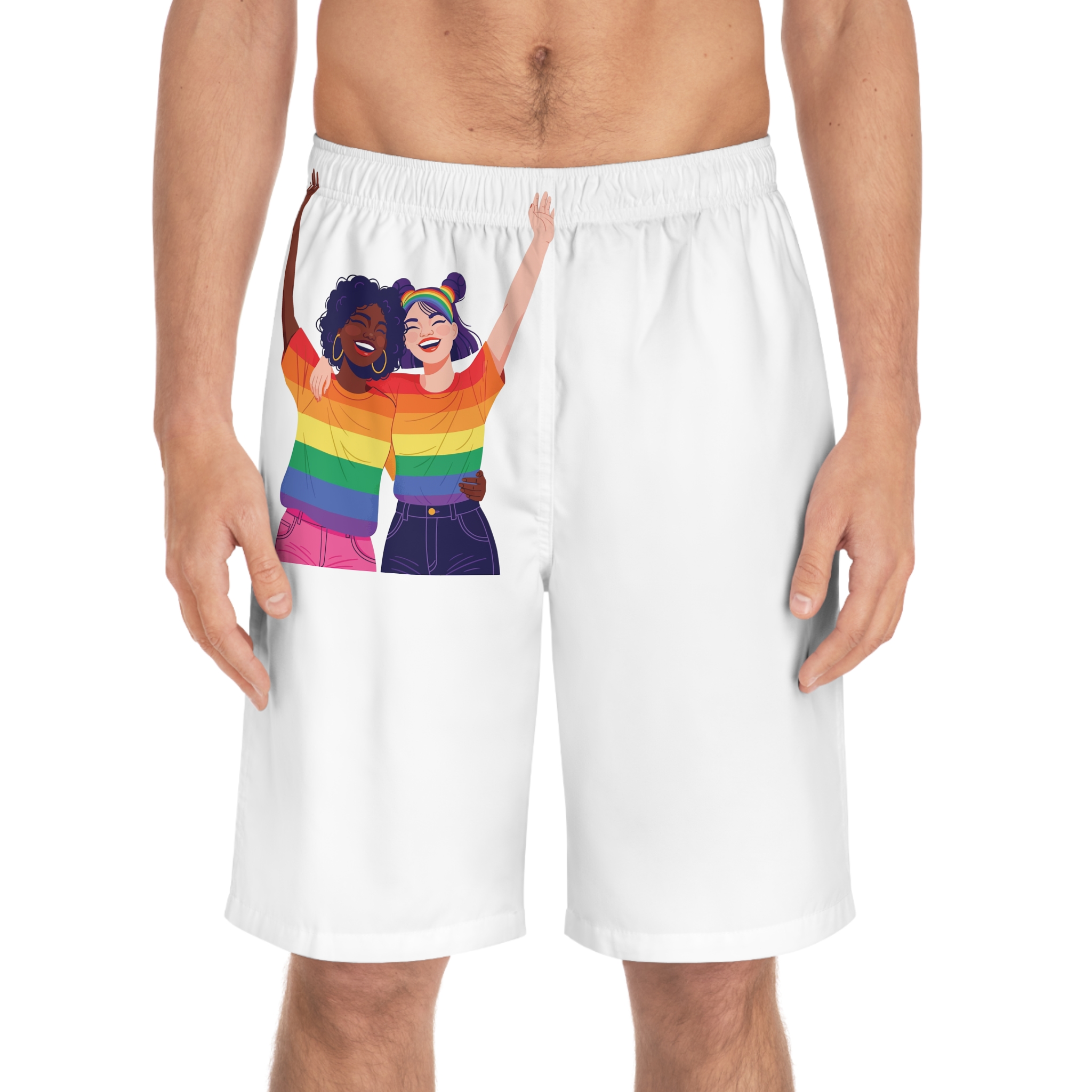 Celebrating Lgbtq Pride With Joyful Friends Wearing Rainbow Pride Shirts Mens Board Shorts Aop - Image 3