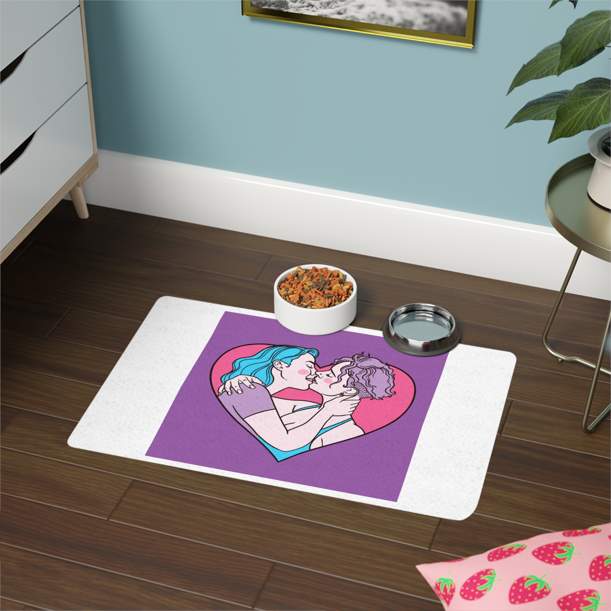 Hand Drawn Affectionate Lesbian Kiss Pet Food Mat 12x18 - Image 4