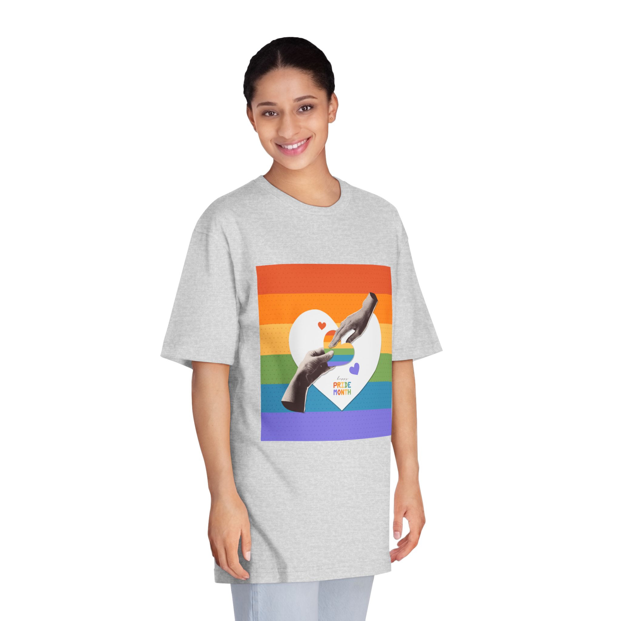 Retro Nostalgic Banner Pride Month Halftone Hands Holding Striped Heart Vintage Collage With - Unisex Classic Crewneck T Shirt - Image 15