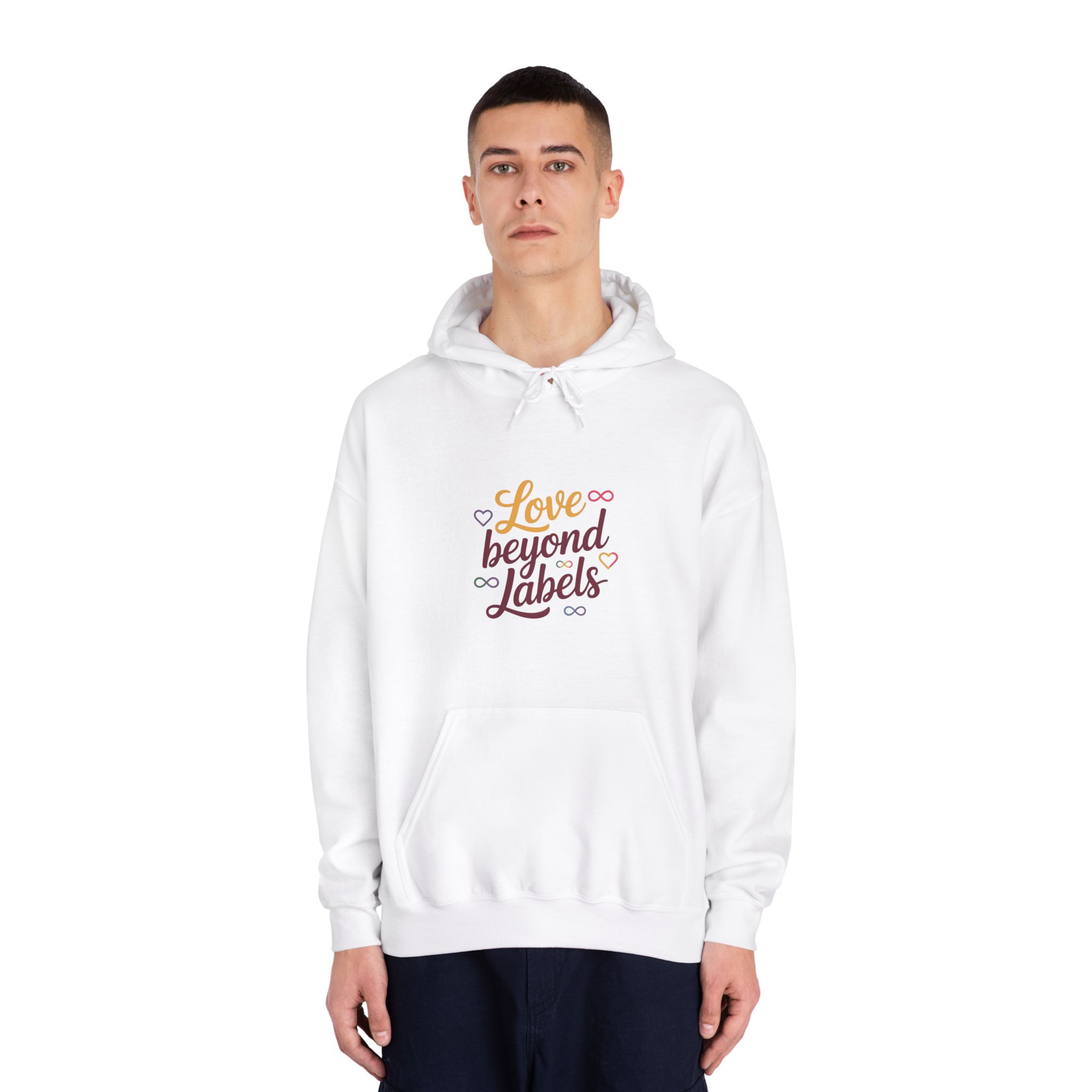Love Beyond Labels T Shirt Design Isolated White Background Unisex Dryblend Hooded Sweatshirt - Image 3