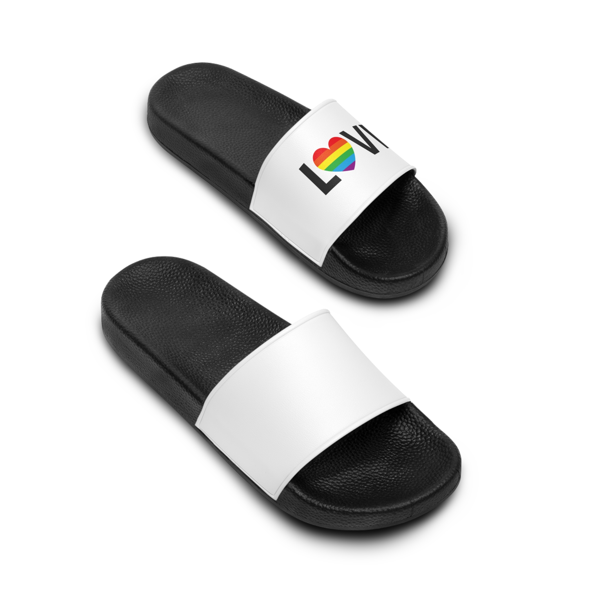Vector Lgbt Rainbow Flag Love Heart Lettering Mens Slide Sandals - Image 4