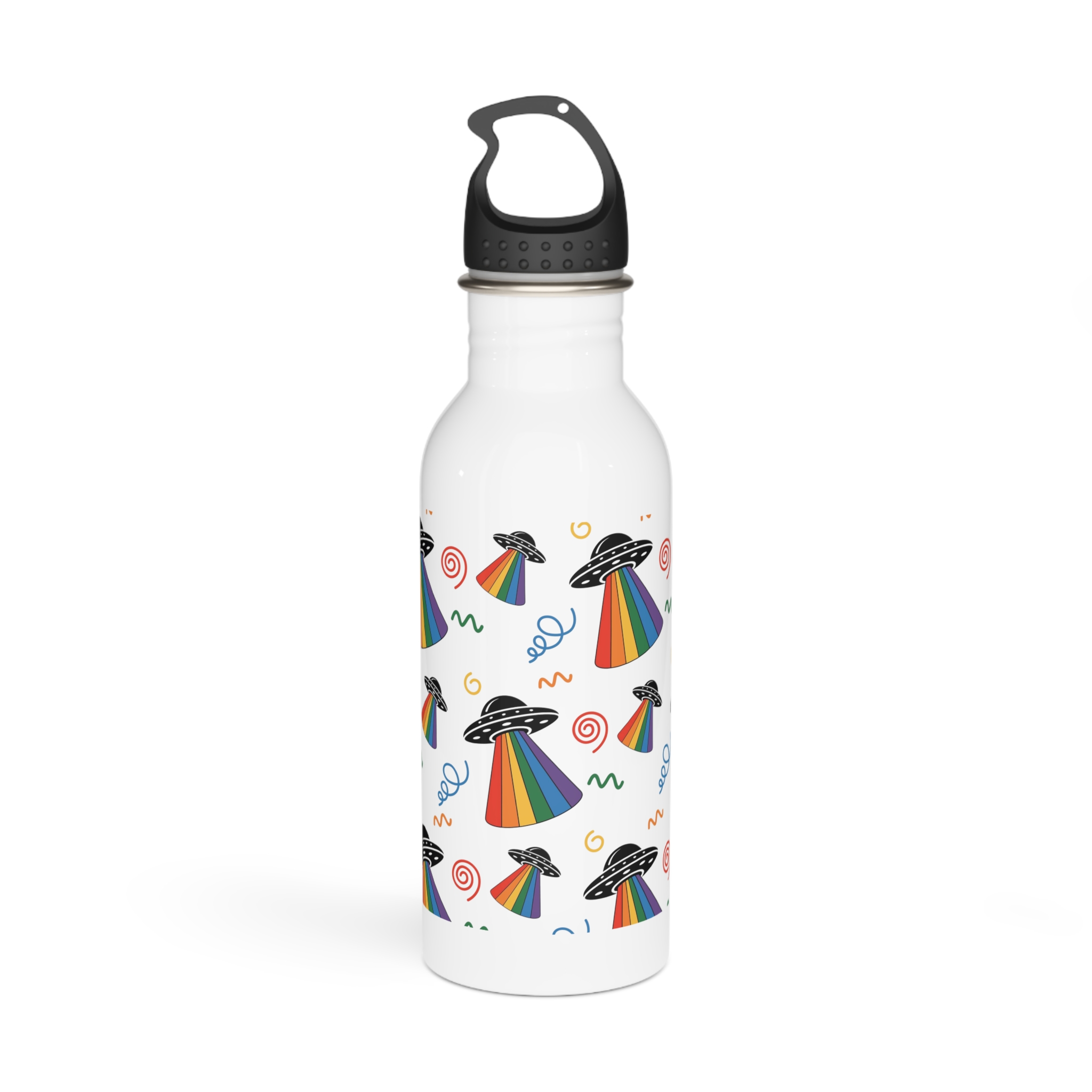 Seamless Pattern Ufo With Rainbow Beam Doodles Stainless Steel Water Bottle