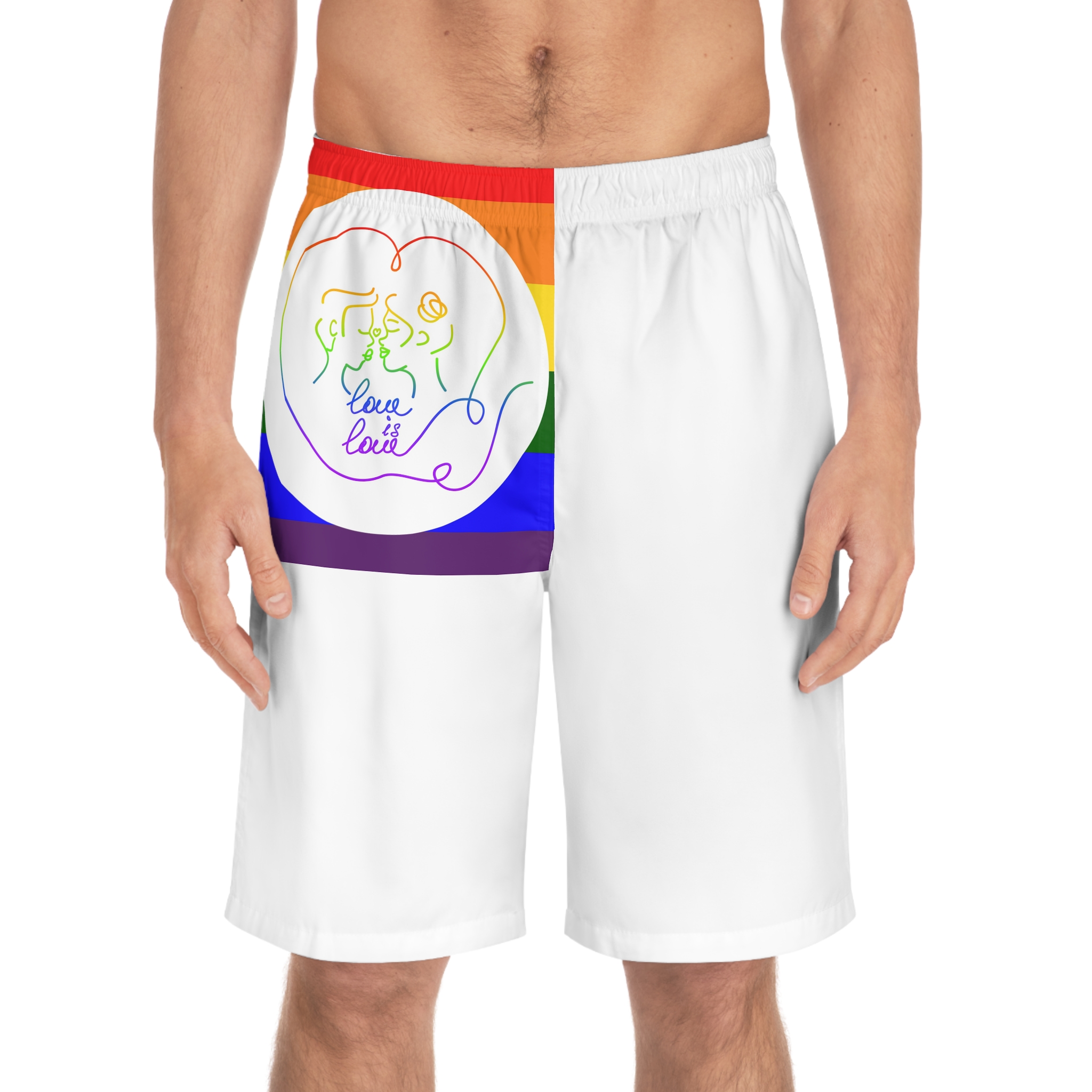 Poster With Kissing Woman Hand Lettering Love Is Love Theme Month Pride Lgbtq Love Background Mens Board Shorts Aop - Image 3