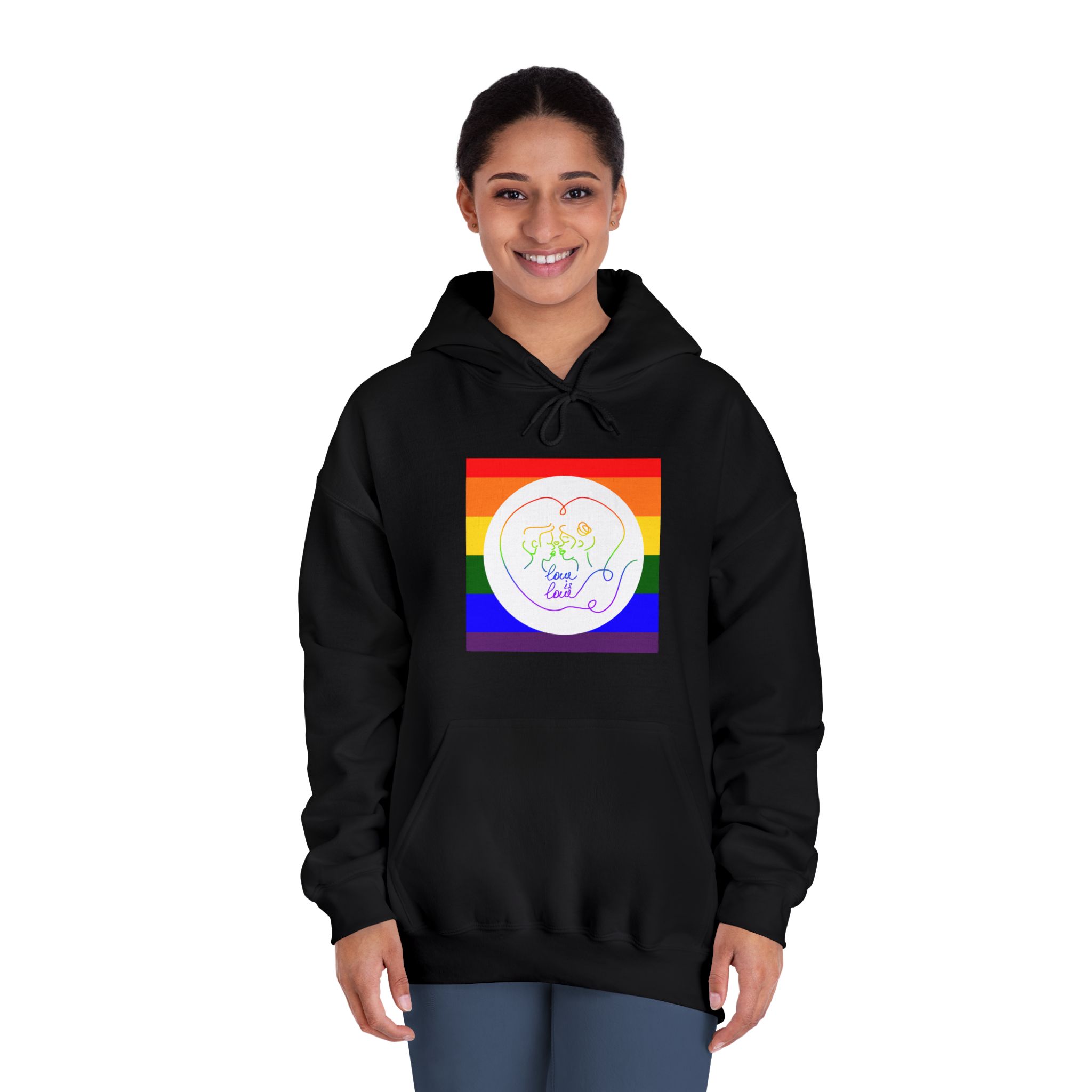 Poster With Kissing Woman Hand Lettering Love Is Love Theme Month Pride Lgbtq Love Background Unisex Dryblend Hooded Sweatshirt - Image 12