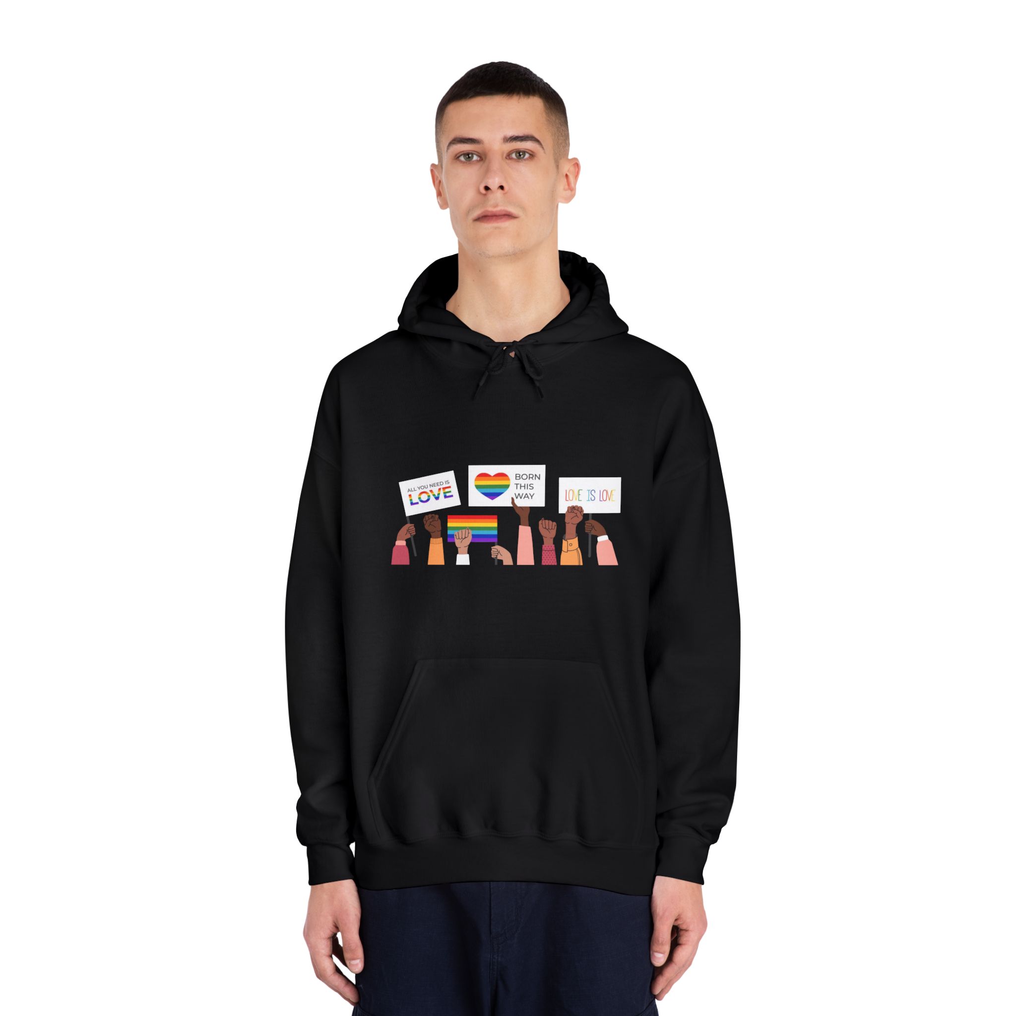 People Holding Lgbt Posters Symbols Signs Flags With Rainbows Pride Month Human Rights Love Is Love Unisex Dryblend Hooded Sweatshirt - Image 11