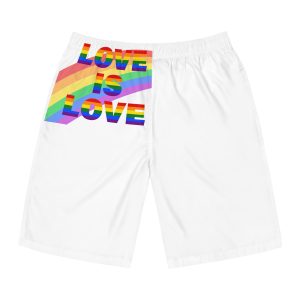 Colorful Rainbow Colors Lgbt Flag Text Love Is Love White Background Poster Banner Mens Board Shorts Aop