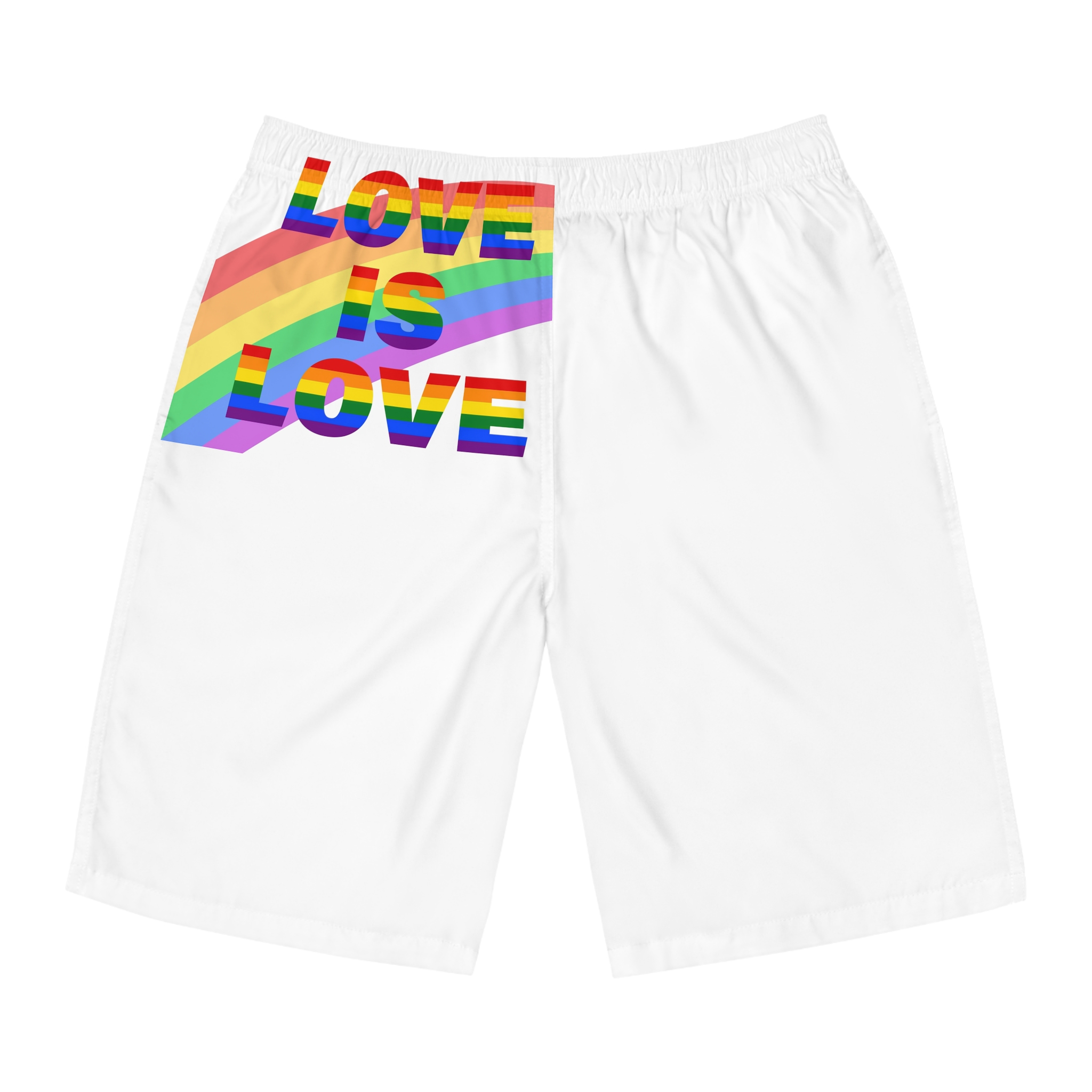 Colorful Rainbow Colors Lgbt Flag Text Love Is Love White Background Poster Banner Mens Board Shorts Aop