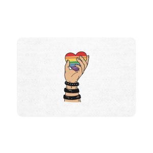 Hand Holding Rainbow Heart Symbolizing Pride Lgbtq Support With Black Wristbands Vector Illustration Pet Food Mat 12x18