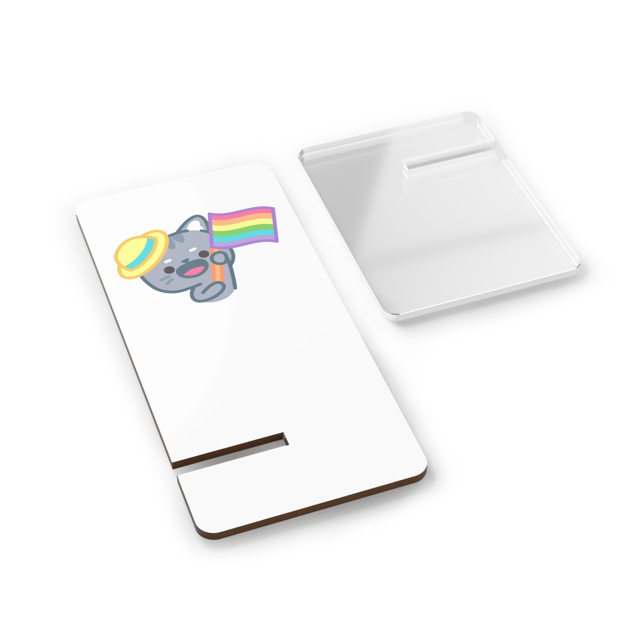 Cute Cat With Yellow Hat Rainbow Flag Illustration Mobile Display Stand For Smartphones - Image 2