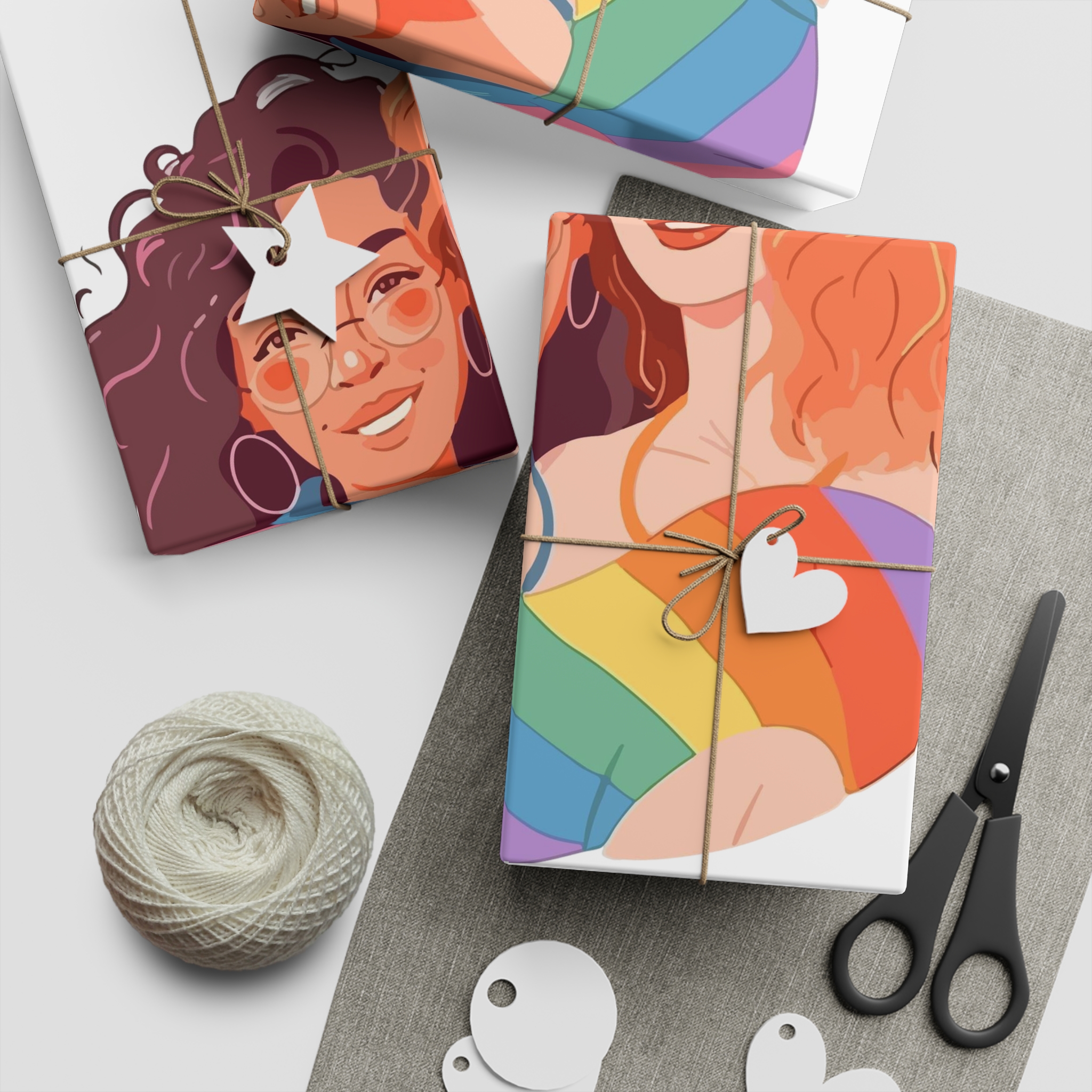 Portrait Lesbian Couple With Rainbow Flag Concept Lgbtq Illustration Couple Gift Wrapping Paper Sheets 1pc - Image 2