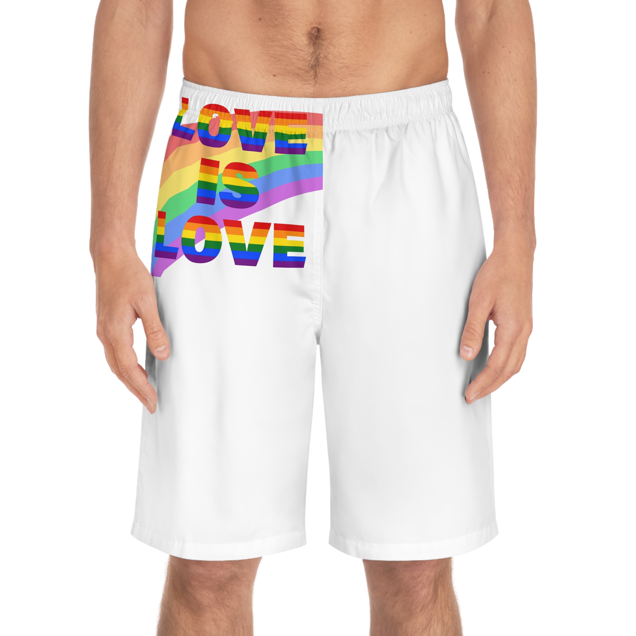 Colorful Rainbow Colors Lgbt Flag Text Love Is Love White Background Poster Banner Mens Board Shorts Aop - Image 3