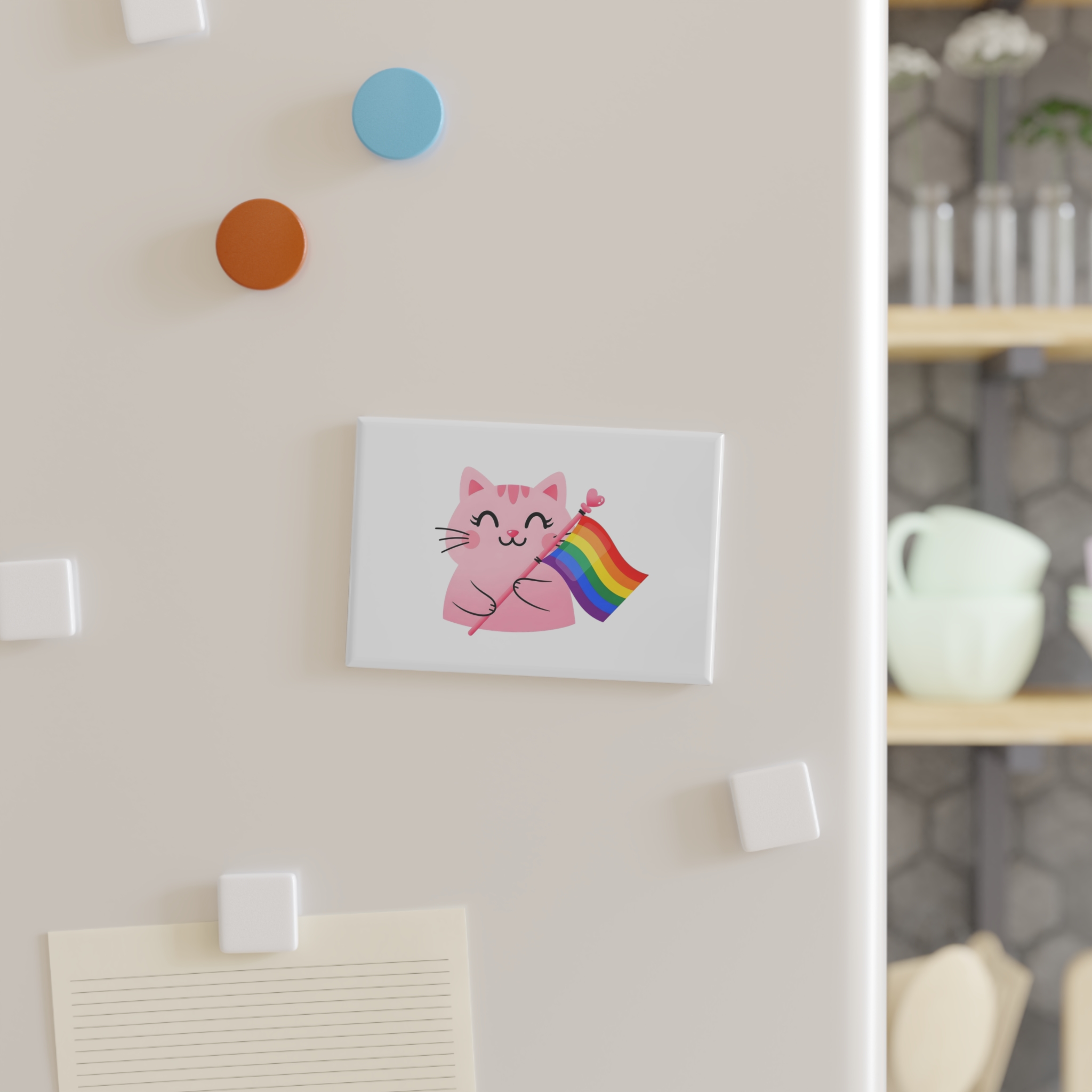 Cute Pink Cat With Rainbow Pride Flag Button Magnet Rectangle 1 And 10 Pcs - Image 7