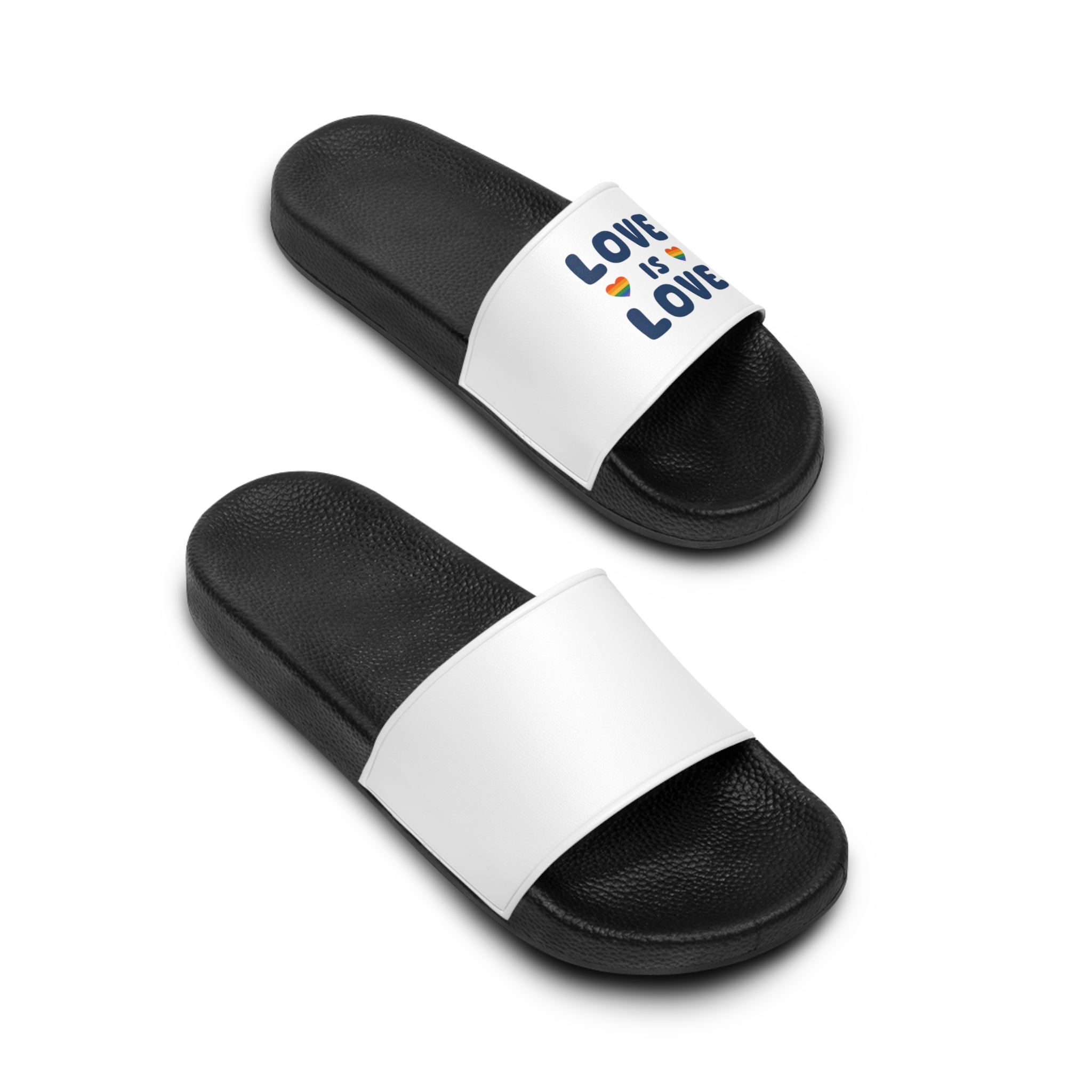Vector Illustration With Text Love Is Love With Rainbow Heart Symbols Representing Lgbtq Gay Pride Mens Slide Sandals - Image 4