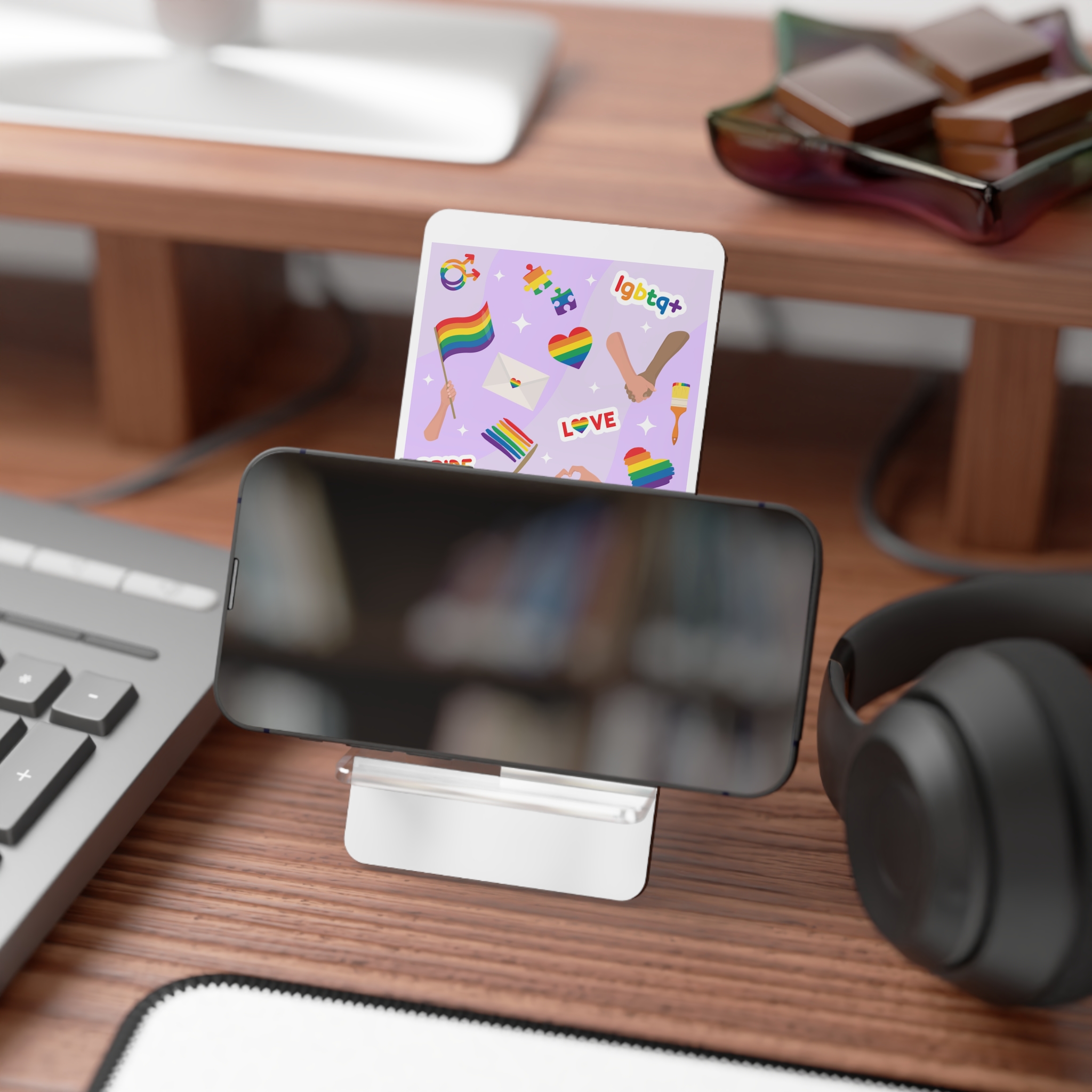 Cute Rainbow Colors Lgbtq Symbols Pride Flag Hands Holding Peace Love Mobile Display Stand For Smartphones - Image 4