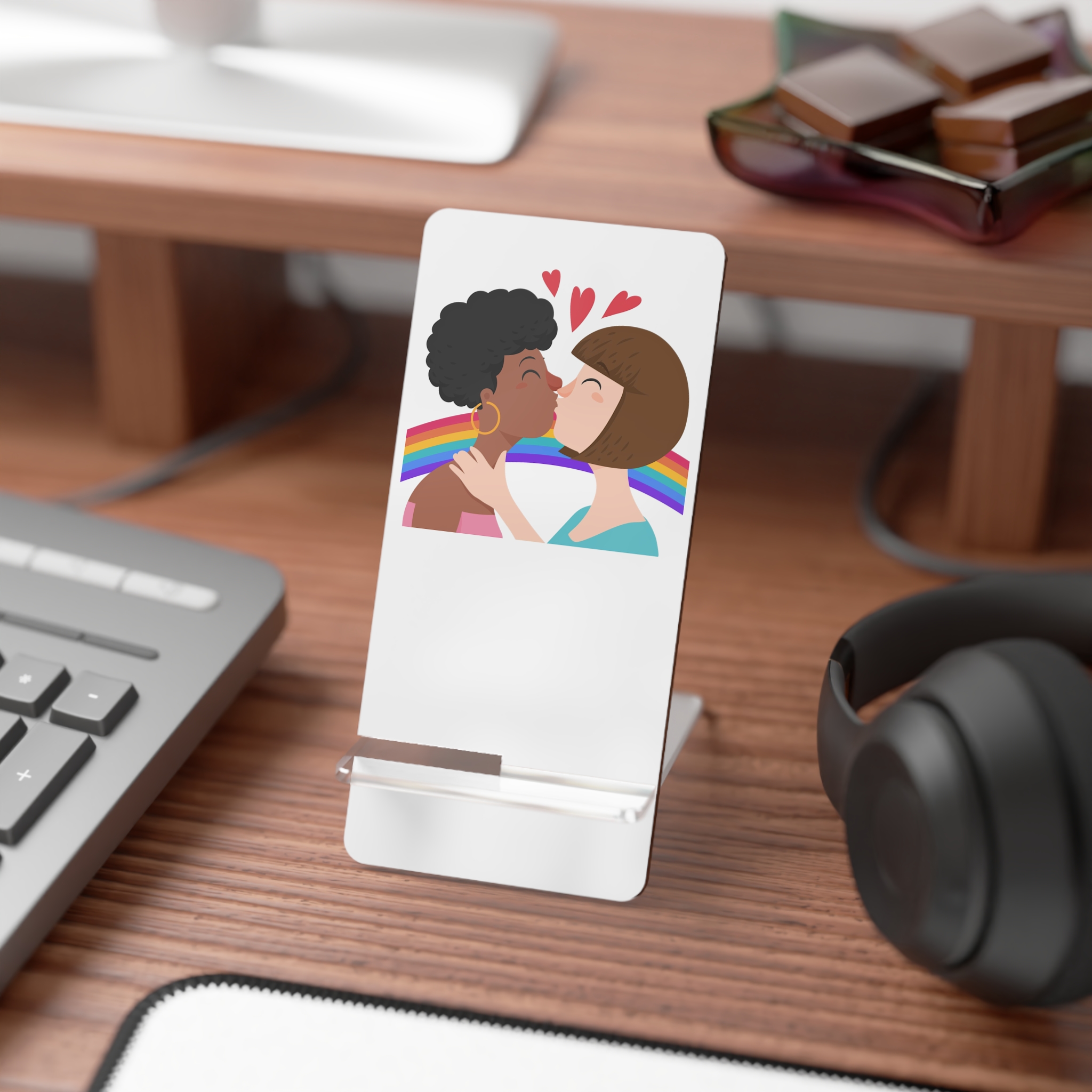 Flat Design Lesbian Kiss Illustrated Mobile Display Stand For Smartphones - Image 3