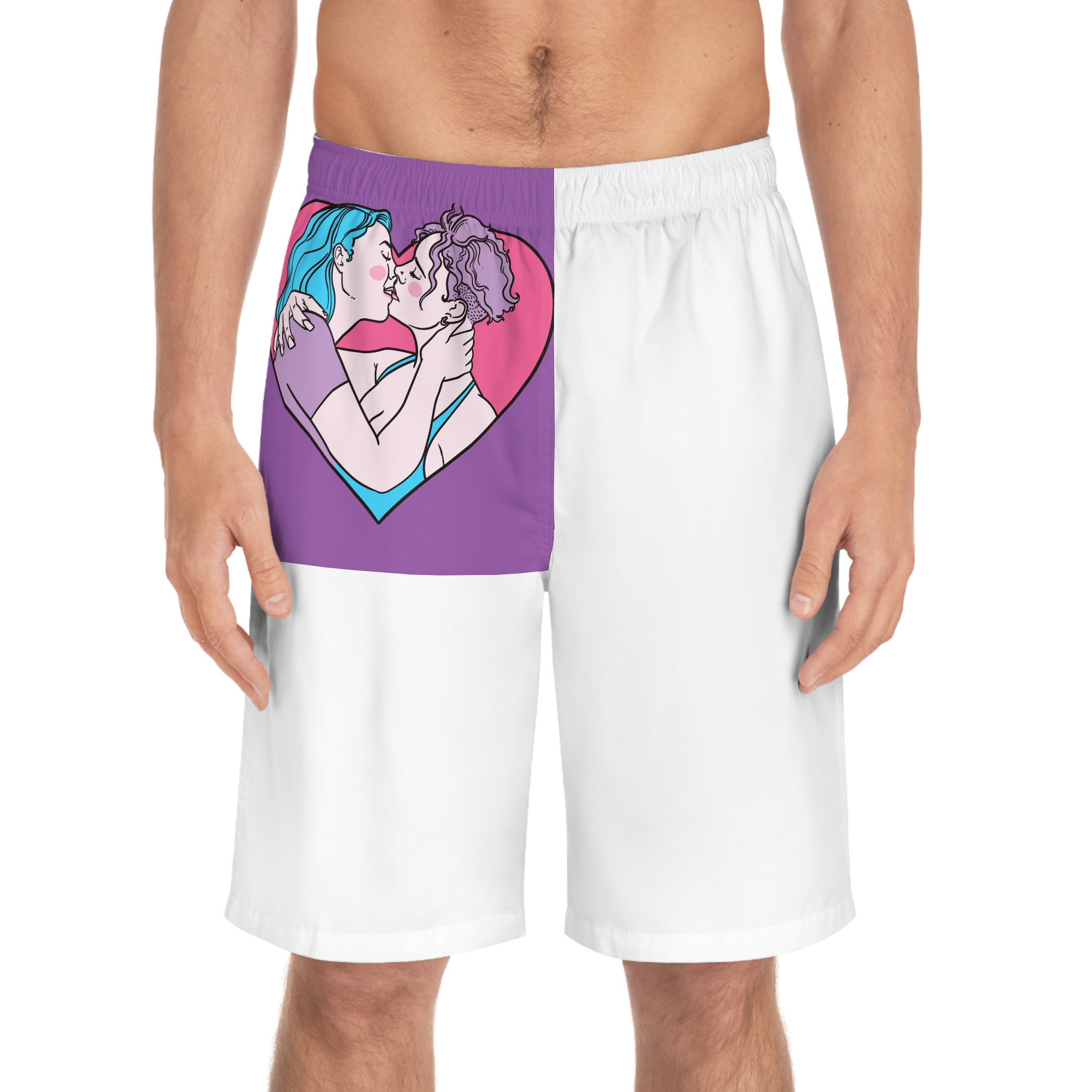Hand Drawn Affectionate Lesbian Kiss Mens Board Shorts Aop - Image 3