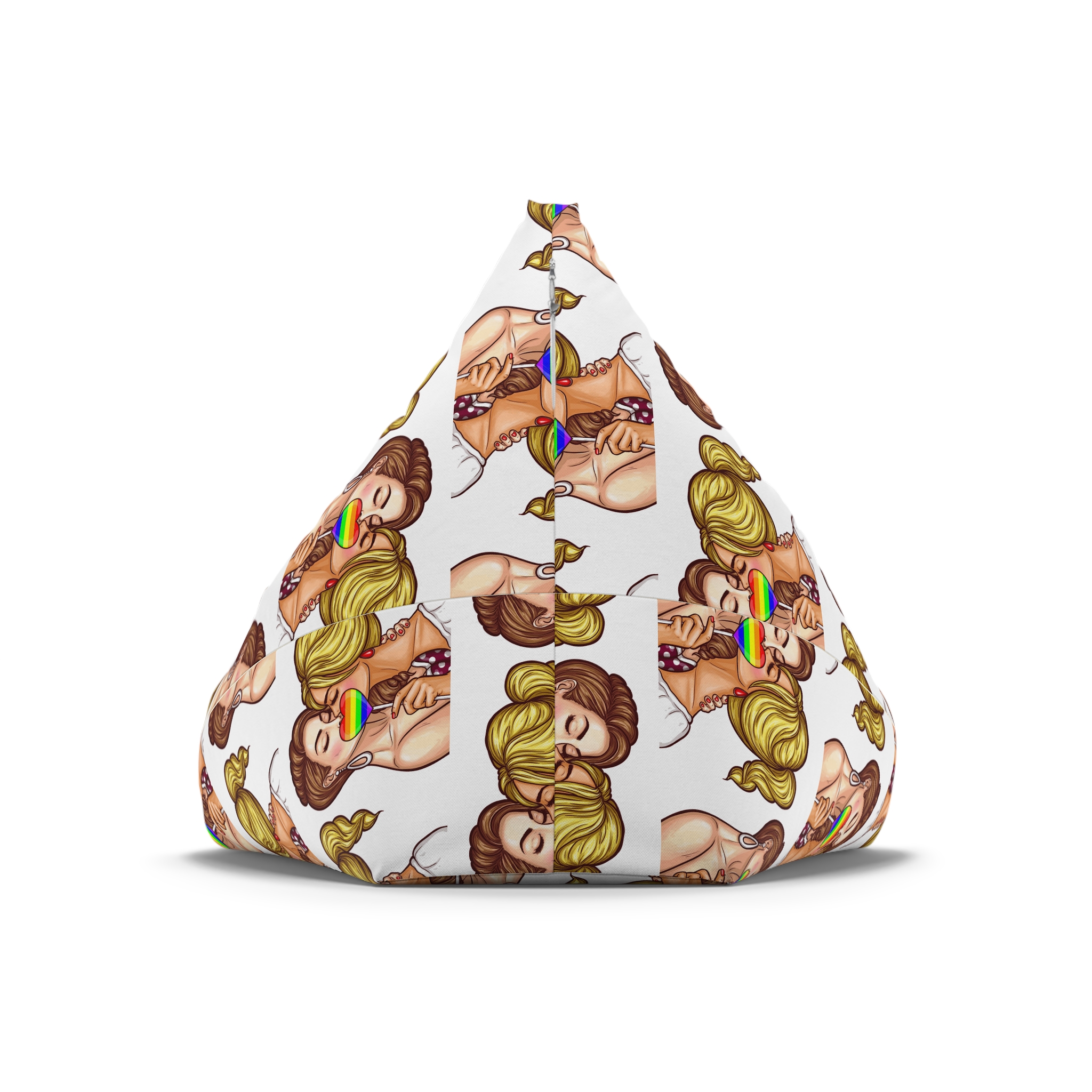 Vector Pop Art Lesbian Couple Kissing Covering Their Lips With Sign Stick Form Rainbow Heart Bean Bag Chair Cover - Image 6
