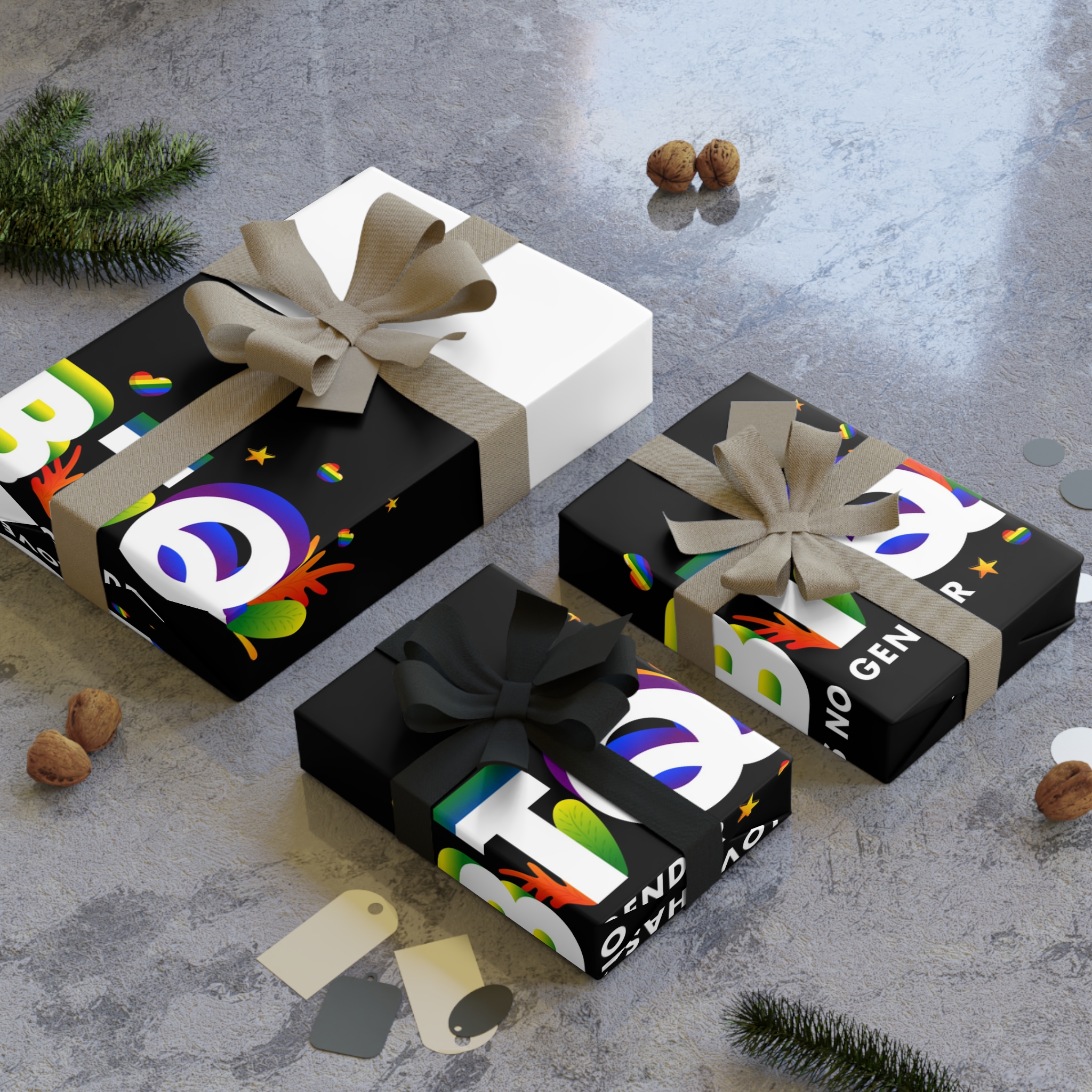 D Text Lgbtq Decorated With Colorful Leaves Black Background Gift Wrapping Paper Rolls 1pc - Image 8