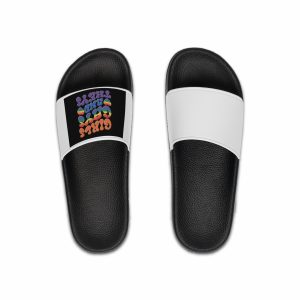 Colorful Poster With Words Girls Theyre Always Theyre Too Much Mens Slide Sandals