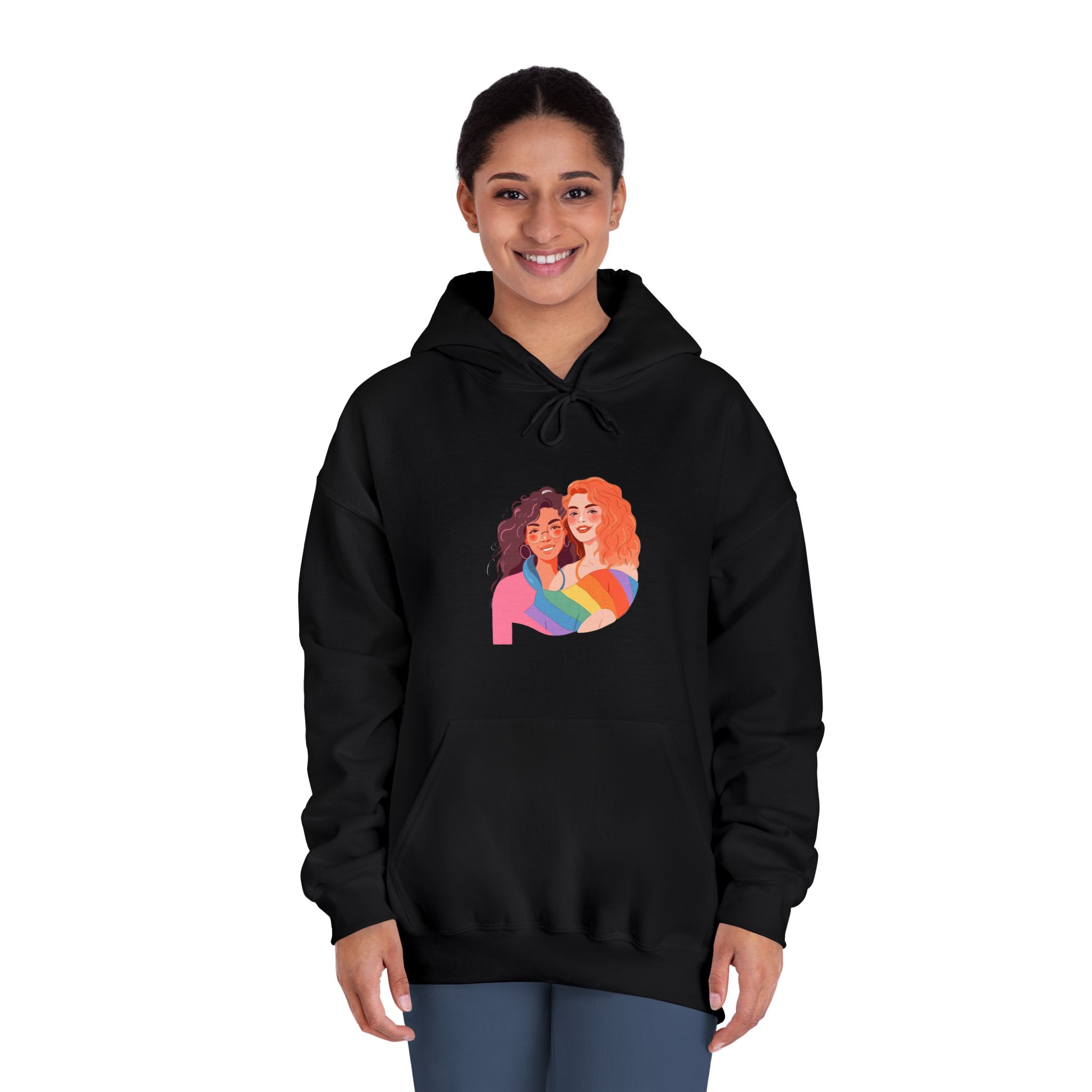 Portrait Lesbian Couple With Rainbow Flag Concept Lgbtq Illustration Couple Unisex Dryblend Hooded Sweatshirt - Image 12