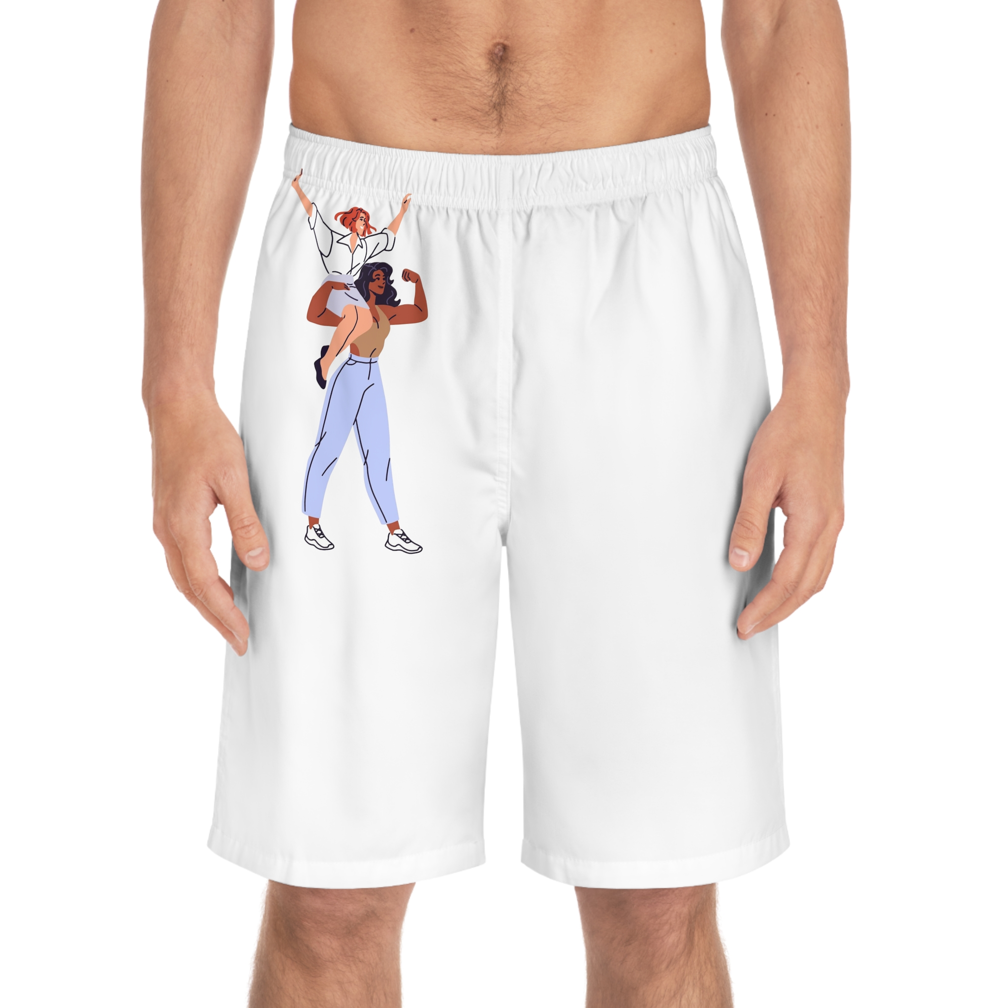 Happy Feminists Celebrate Success Winning Diverse Women Cheer Hands Up Support Feminism Strong Girl Holds Her Friend Shoulder Flat Isolated Vector Illustration White Background Mens Board Shorts Aop - Image 3