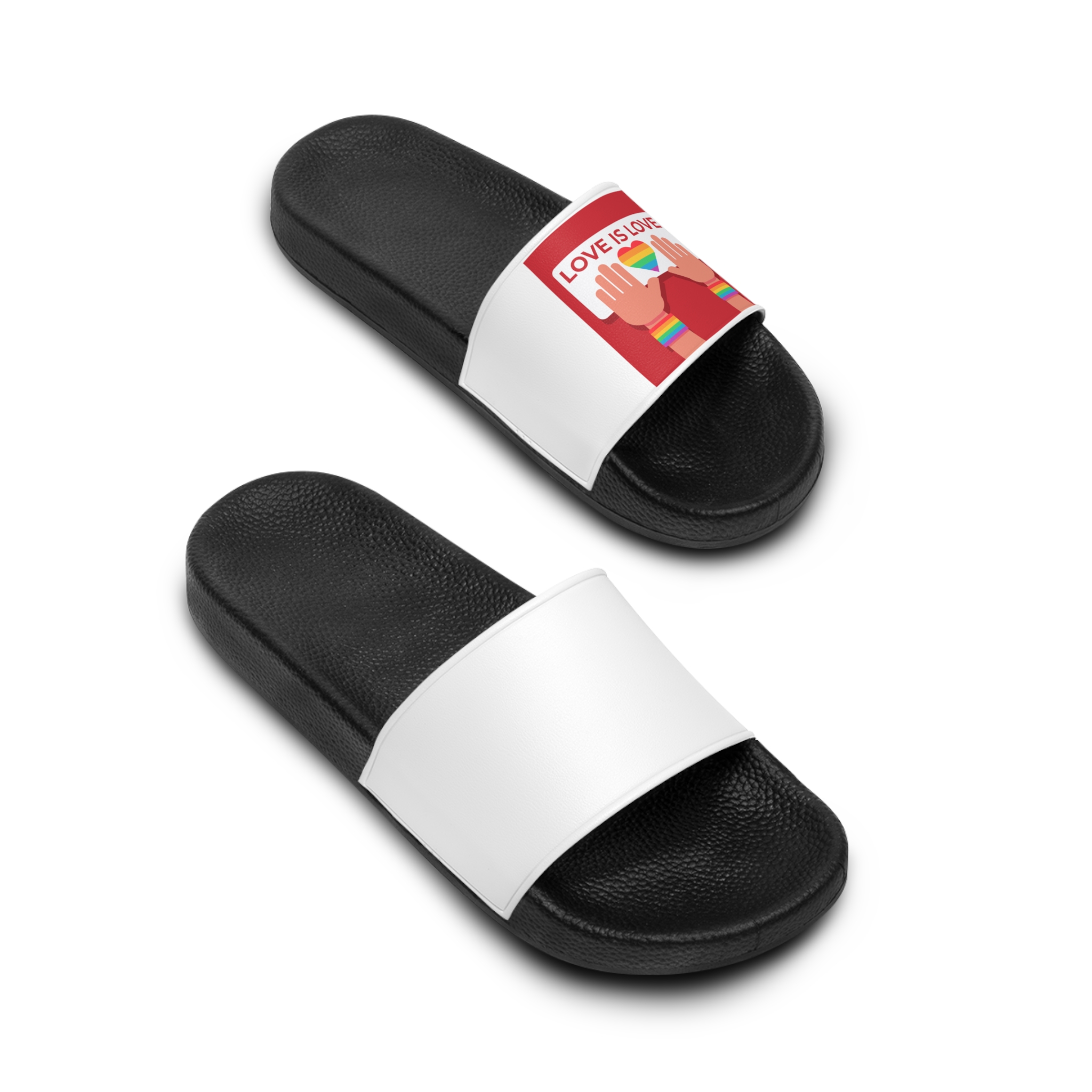 Hands Holding Lgbt Posters People Crowd With Rainbow Flag Gender Signs Hearts Lgbtq Community Pride Mens Slide Sandals - Image 4