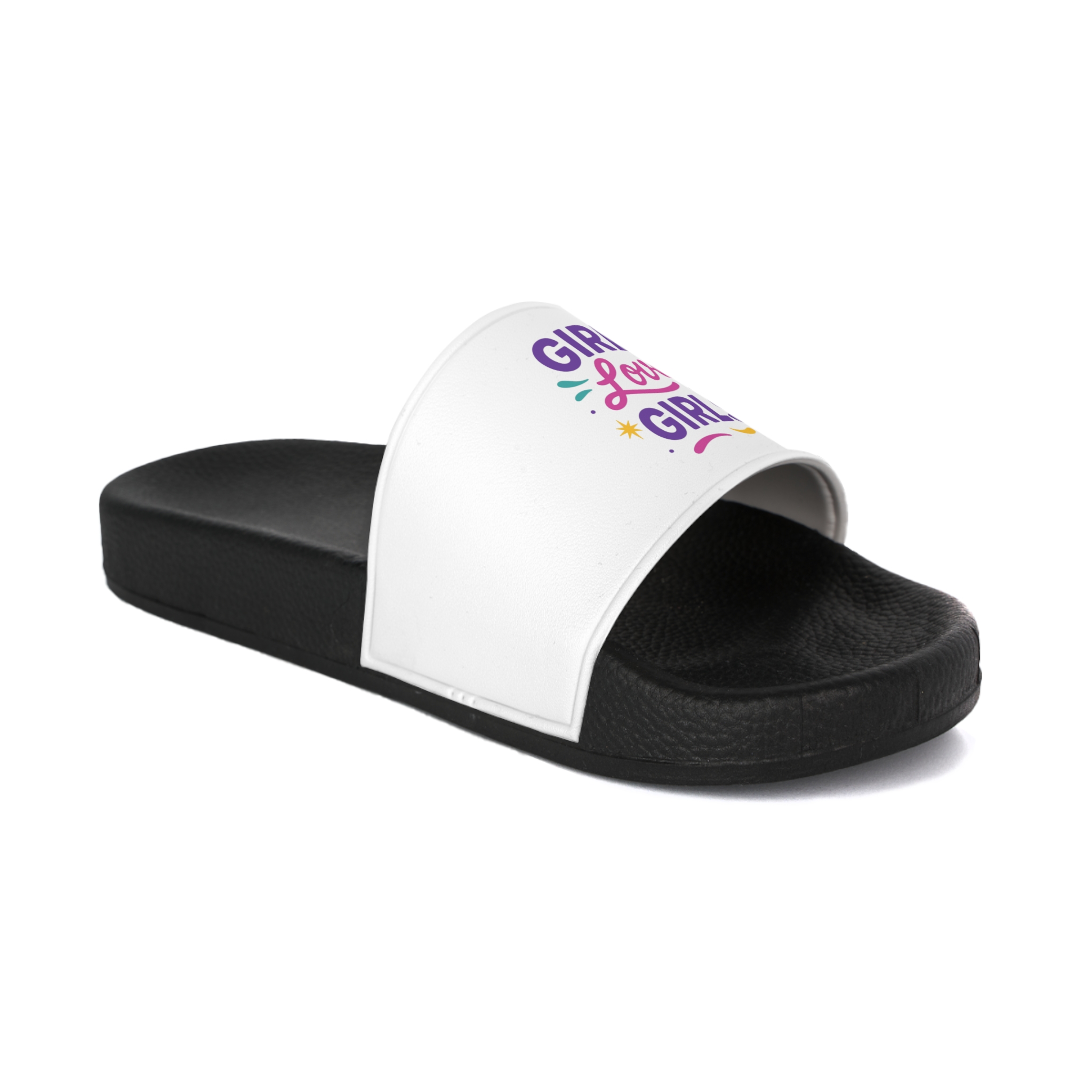 Vibrant Girls Love Girls Vector Illustration Featuring Bold Text Playful Decorative Elements Mens Slide Sandals - Image 2