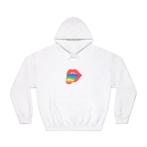 Open Red Lips With Rainbow Tongue Hand Drawn Vector Illustration Unisex Dryblend Hooded Sweatshirt