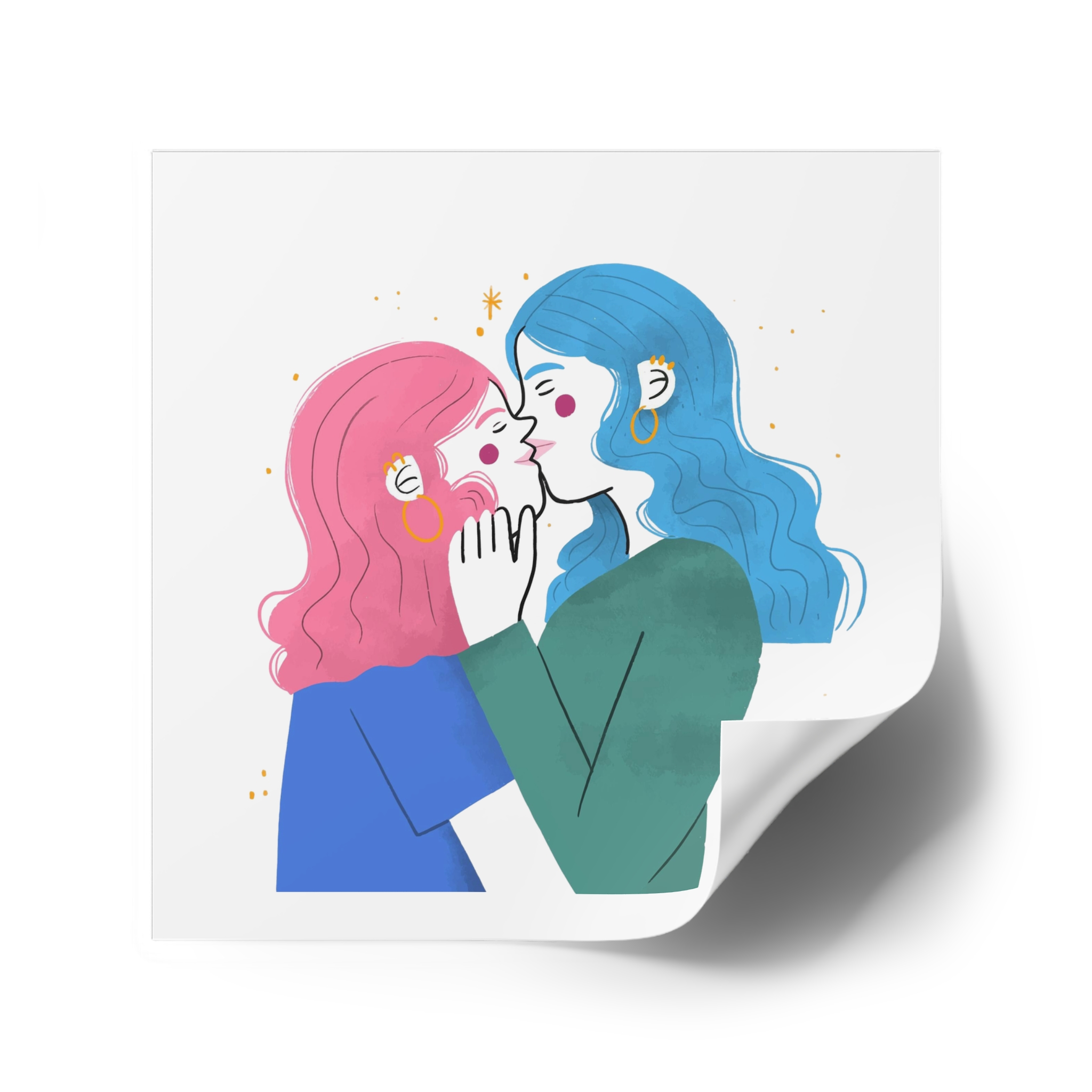 Hand Drawn Lesbian Kiss Illustration Laminate Stickers Square - Image 34