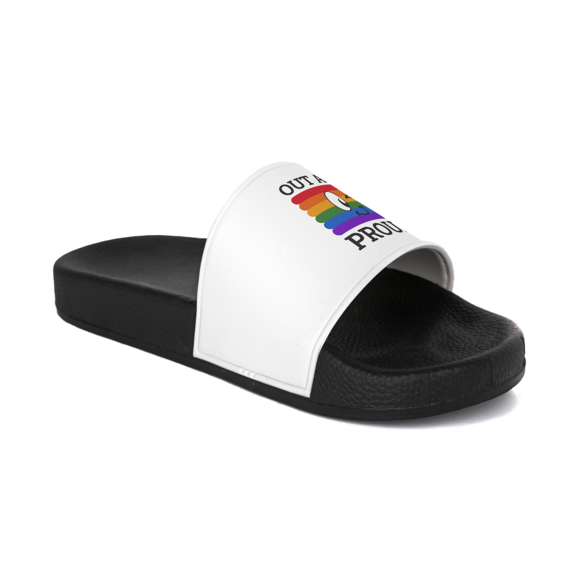 Out Proud Lgbtq Pride Month Quote Book Lover Rainbow Flag Hand Drawn Art White Background Mens Slide Sandals - Image 2