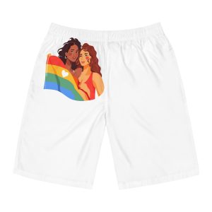 Portrait Lesbian Couple With Rainbow Flag Concept Lgbtq Mens Board Shorts Aop