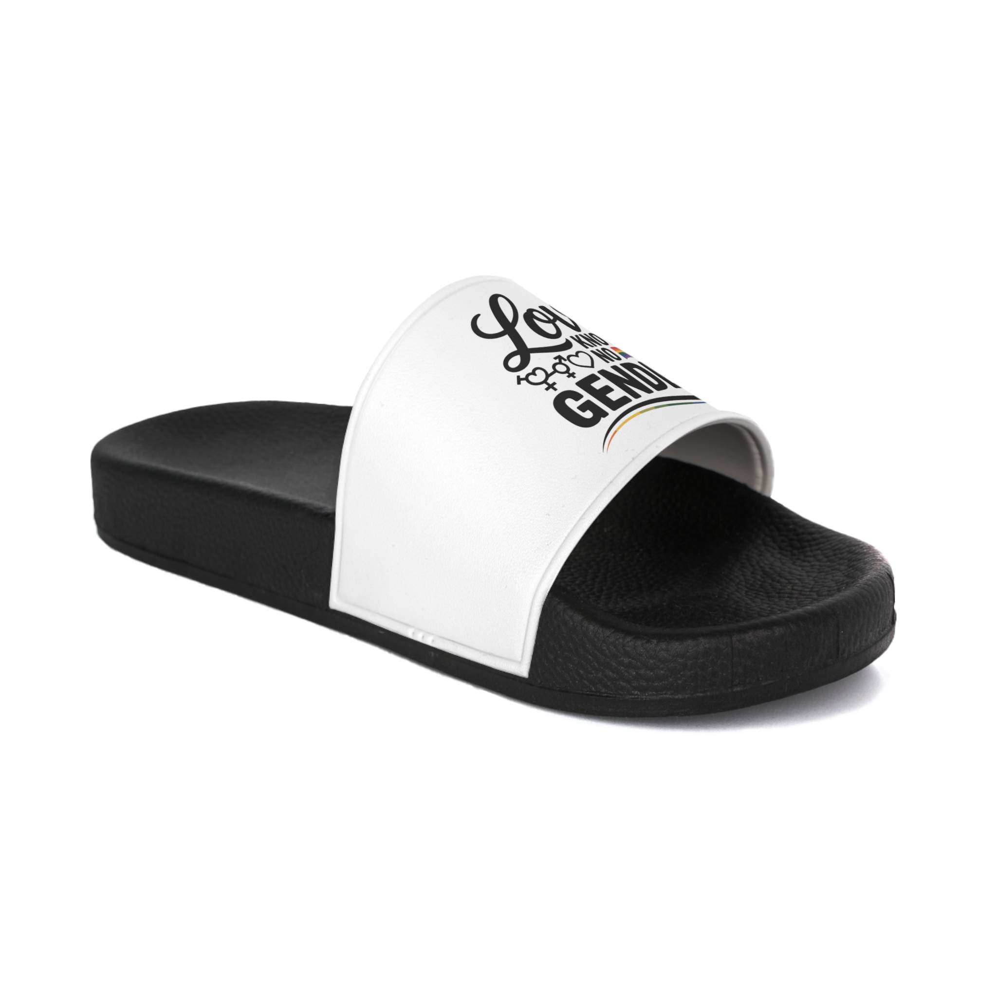 Love Knows No Gender T Shirt Design Isolated White Background Mens Slide Sandals - Image 2