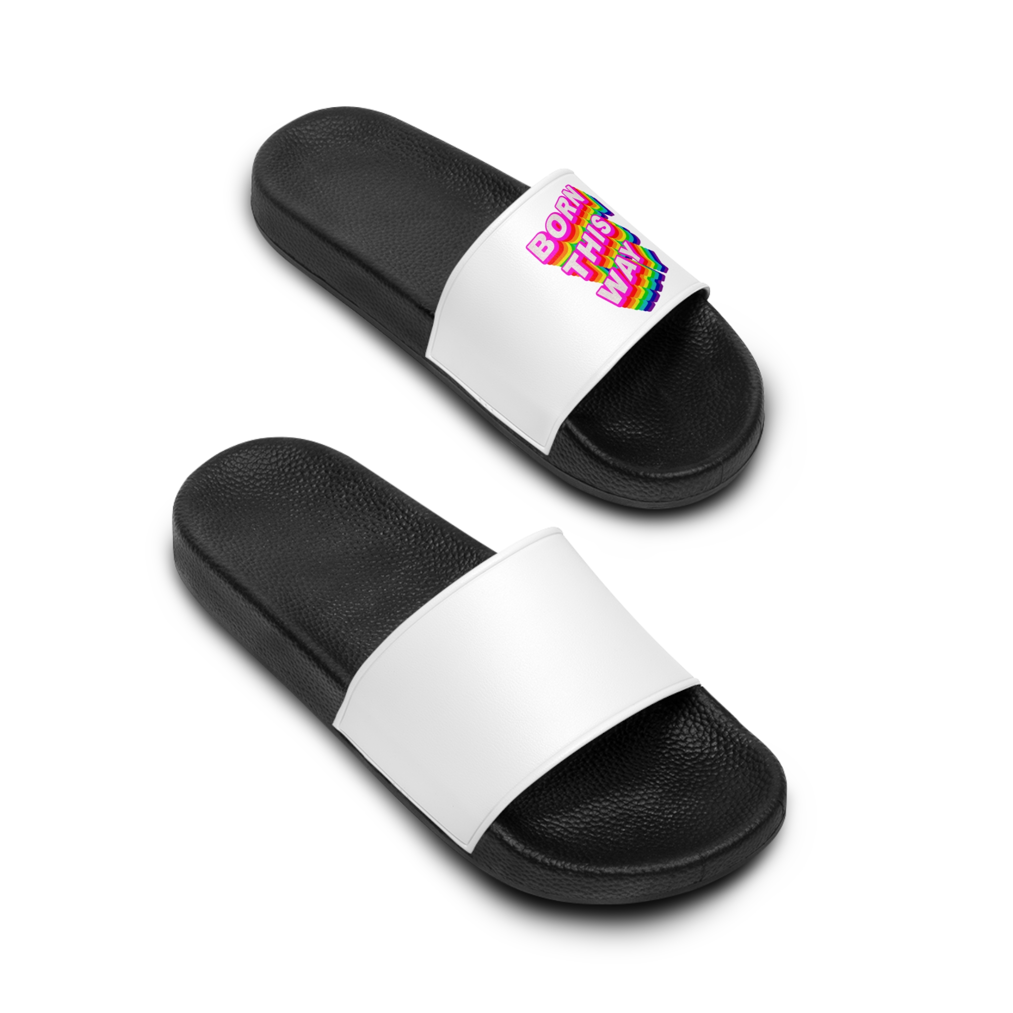Rainbow Word Born This Way Typography Design Element Mens Slide Sandals - Image 4