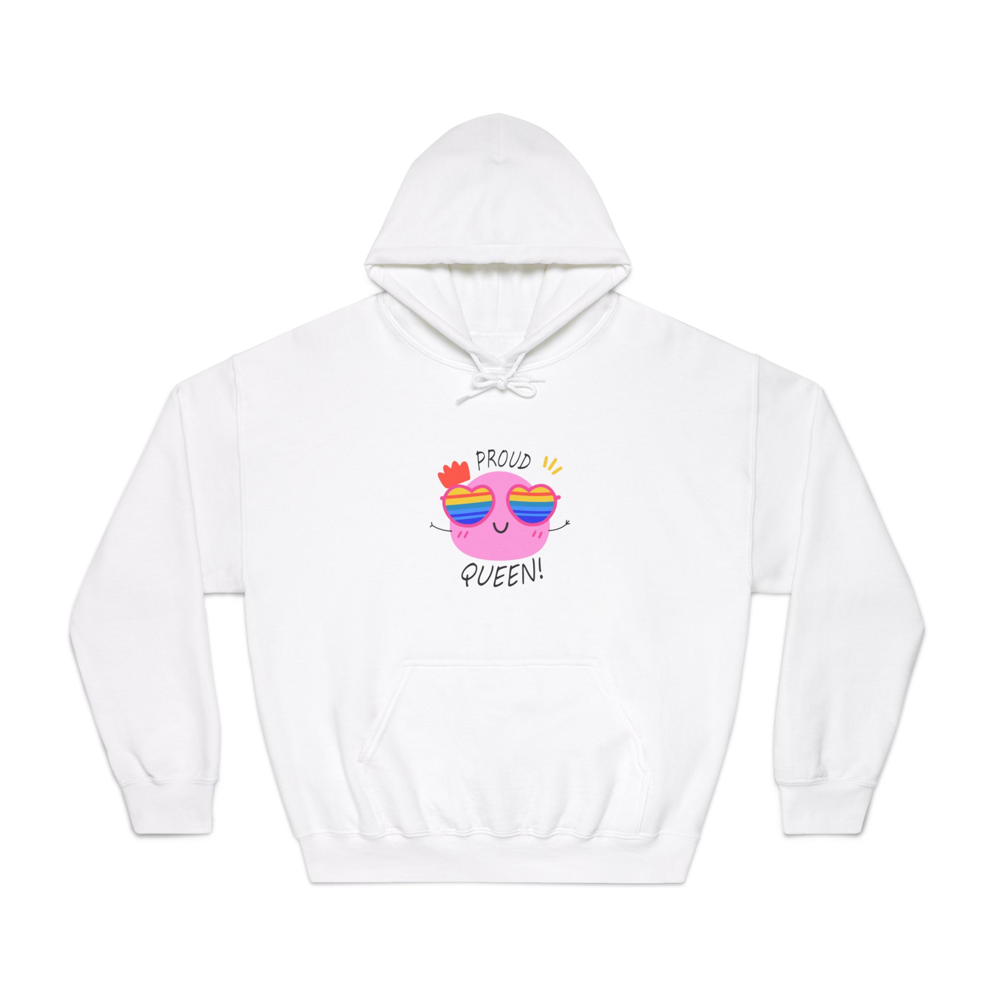 Pink Blob With Rainbow Heart Sunglasses Saying Proud Queen Flat Sticker Unisex Dryblend Hooded Sweatshirt