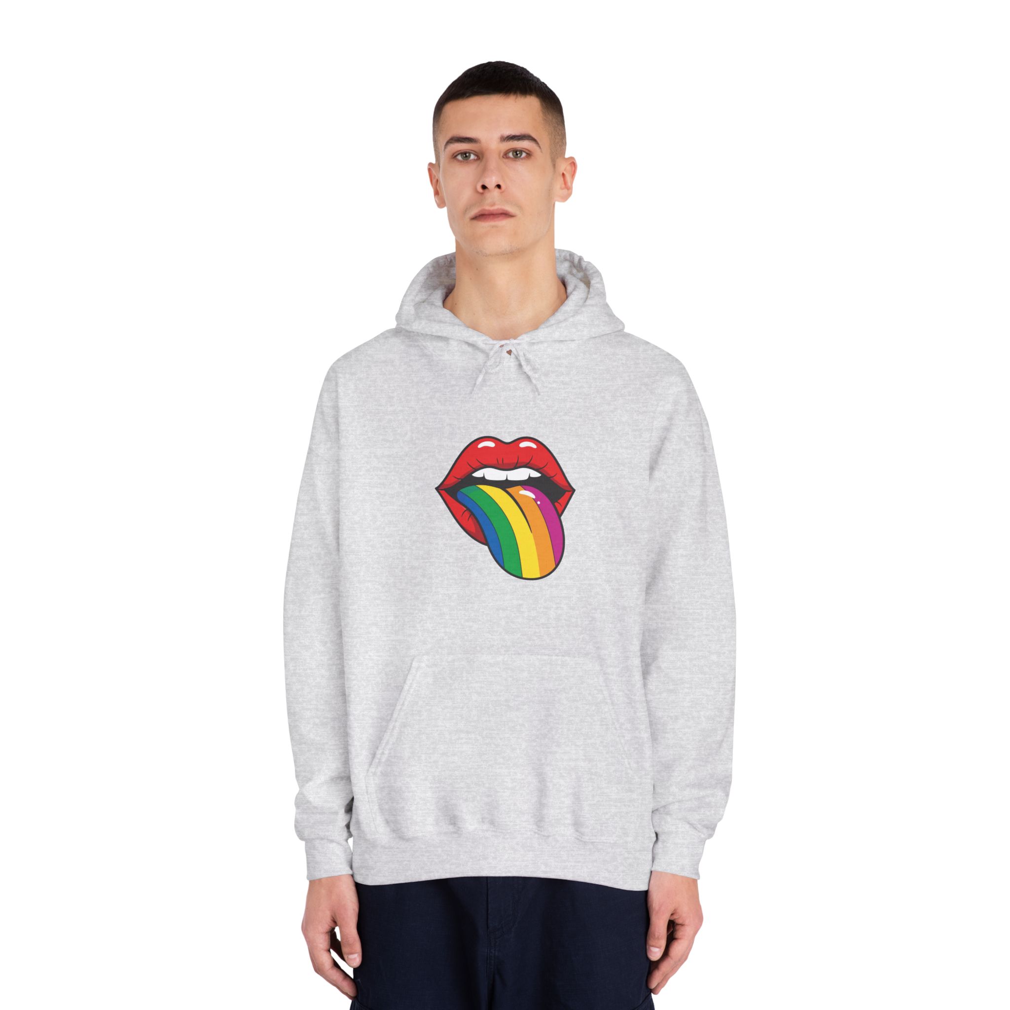 Pop Art Illustration Open Red Lips With Long Colorful Rainbow Tongue Sticking Out Now Unisex Dryblend Hooded Sweatshirt - Image 7
