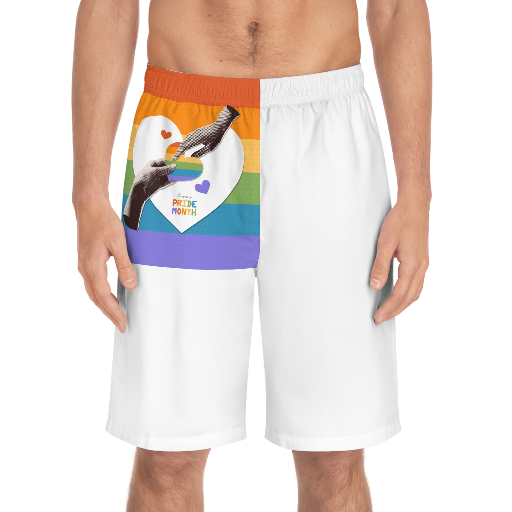 Retro Nostalgic Banner Pride Month Halftone Hands Holding Striped Heart Vintage Collage With Mens Board Shorts Aop - Image 3