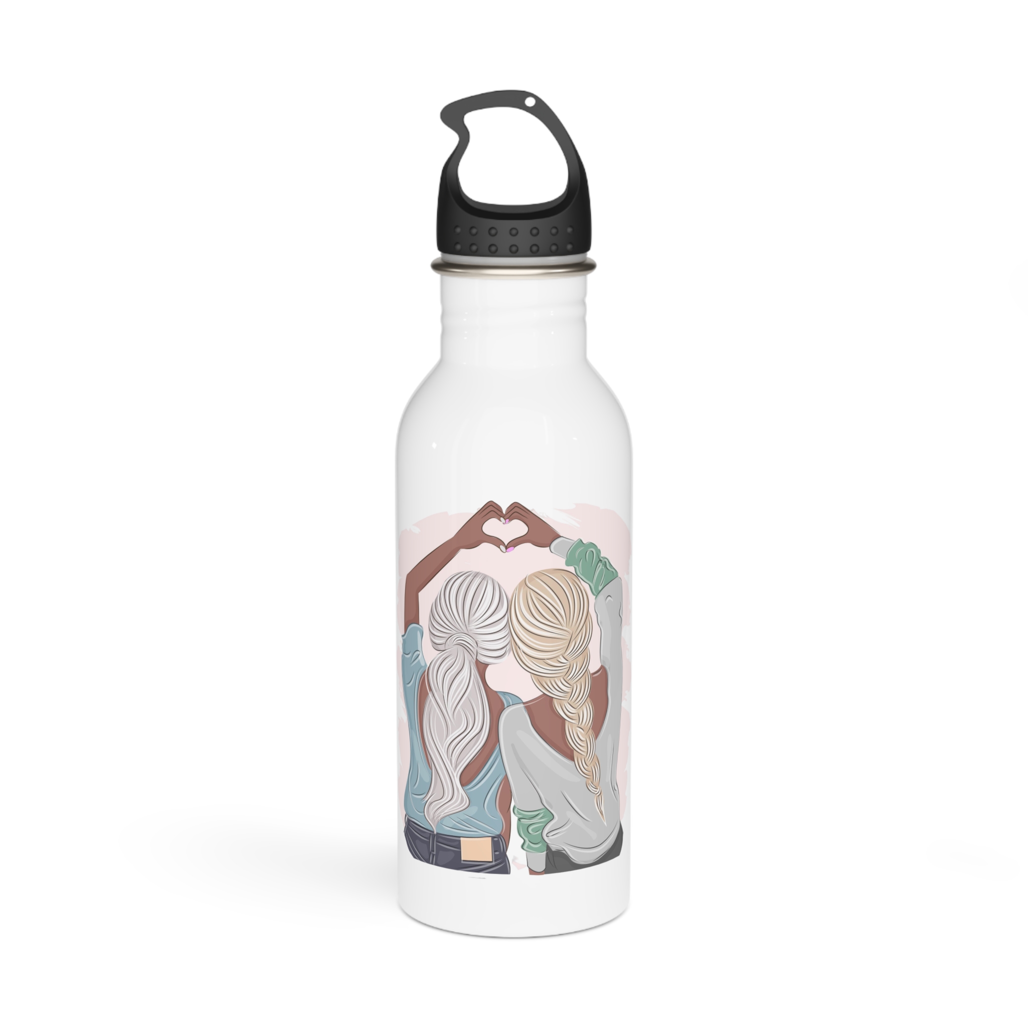 Stylish Girlfriends Two Sisters Show With Hands Heart View From Back Friendship Concept Fashion Vector Illustration Art Postcard Poster Interior Design Textile Print Stainless Steel Water Bottle