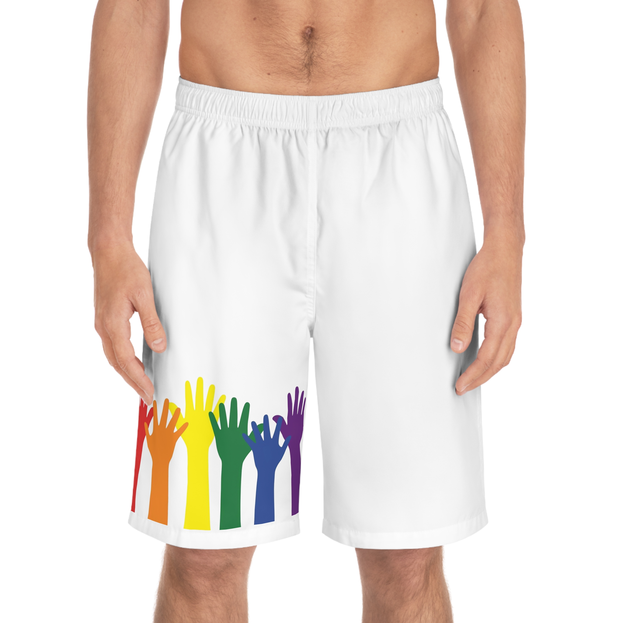 Silhouette Rainbow Colored Hands As Colors Pride Flag Lgbtqia Concept Mens Board Shorts Aop - Image 3