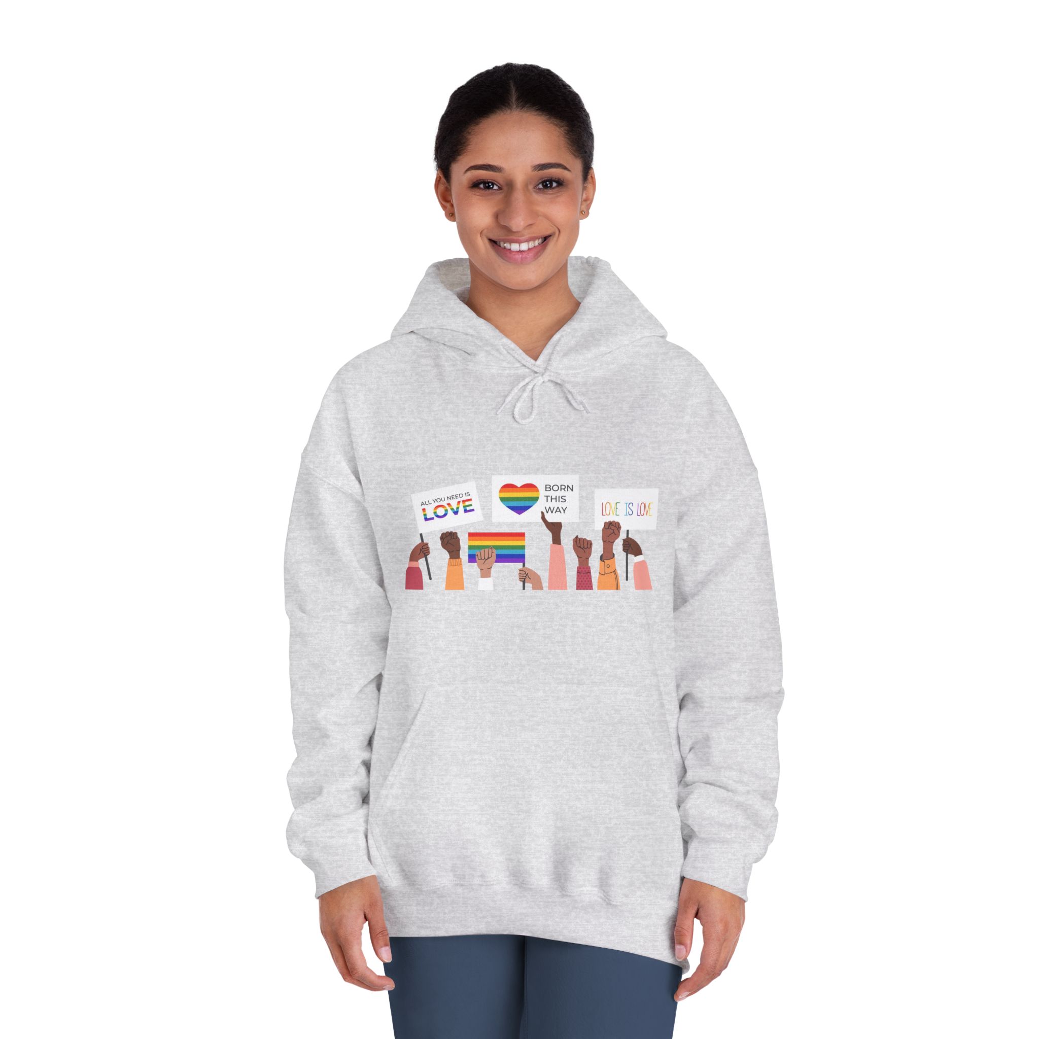 People Holding Lgbt Posters Symbols Signs Flags With Rainbows Pride Month Human Rights Love Is Love Unisex Dryblend Hooded Sweatshirt - Image 8
