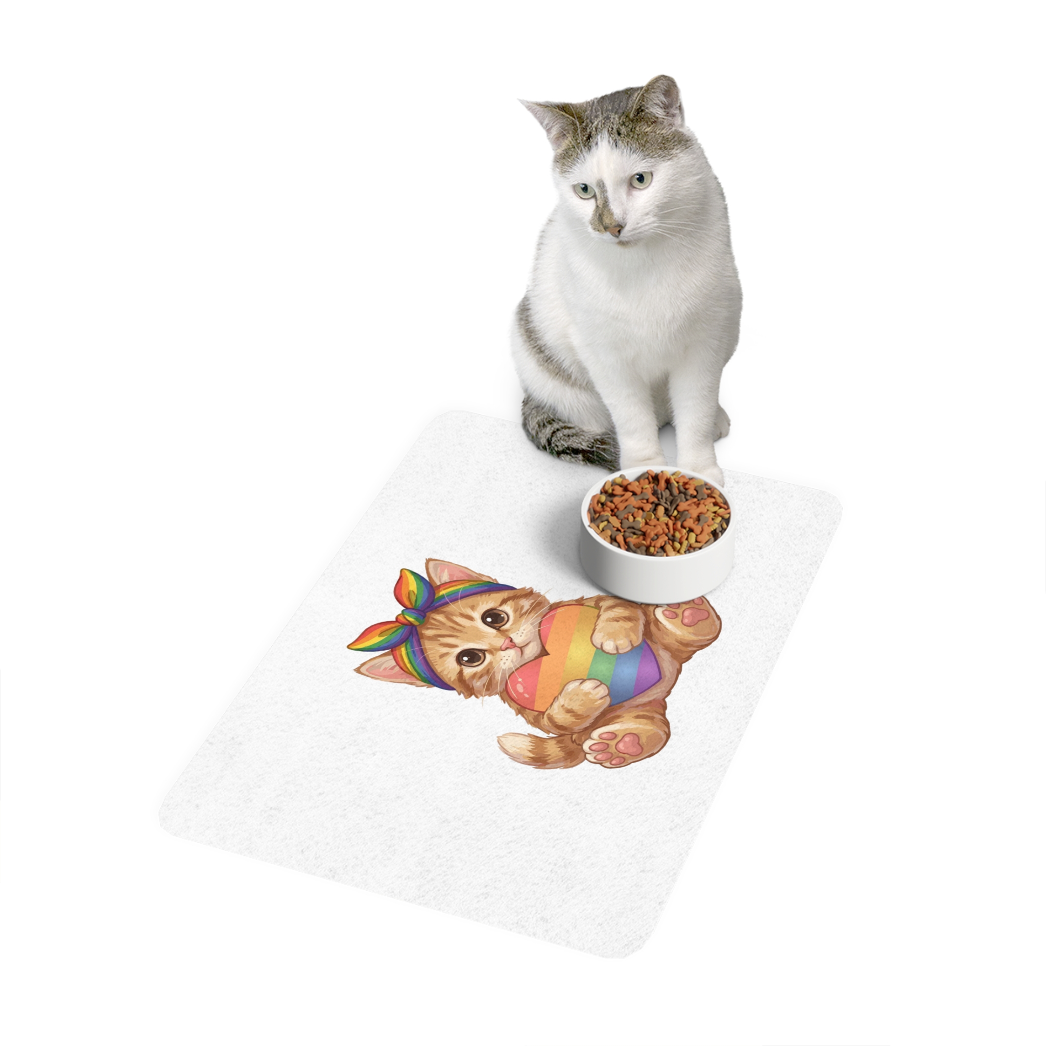 Cute Kitten Holding Rainbow Heart Pride Month Tshirt Design Pet Food Mat 12x18 - Image 3