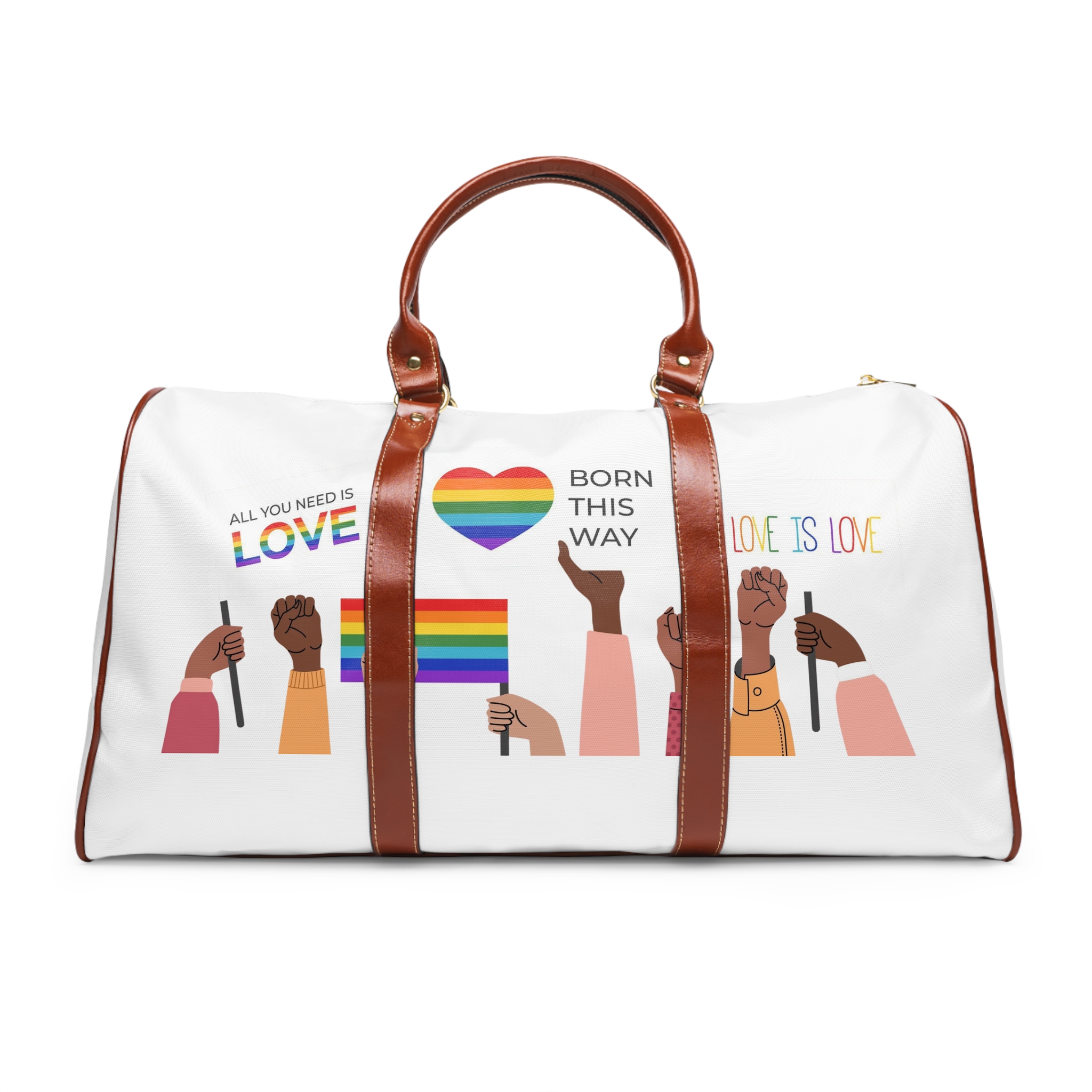 People Holding Lgbt Posters Symbols Signs Flags With Rainbows Pride Month Human Rights Love Is Love Waterproof Travel Bag