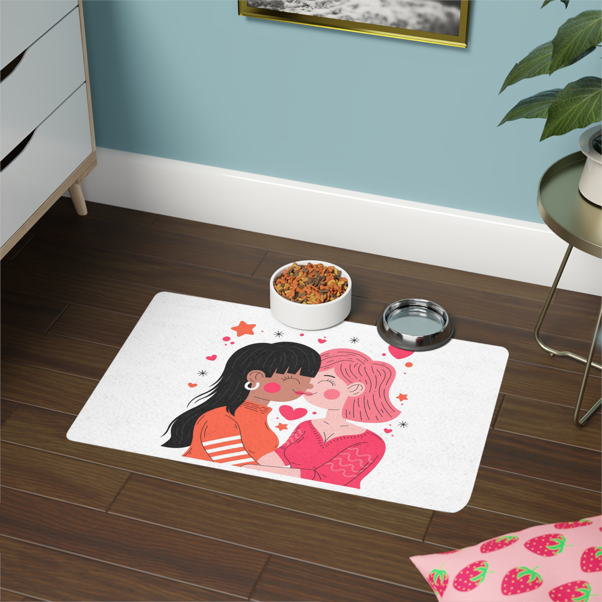 Flat Design Lesbian Couple Kiss Illustration (1) Pet Food Mat 12x18 - Image 4