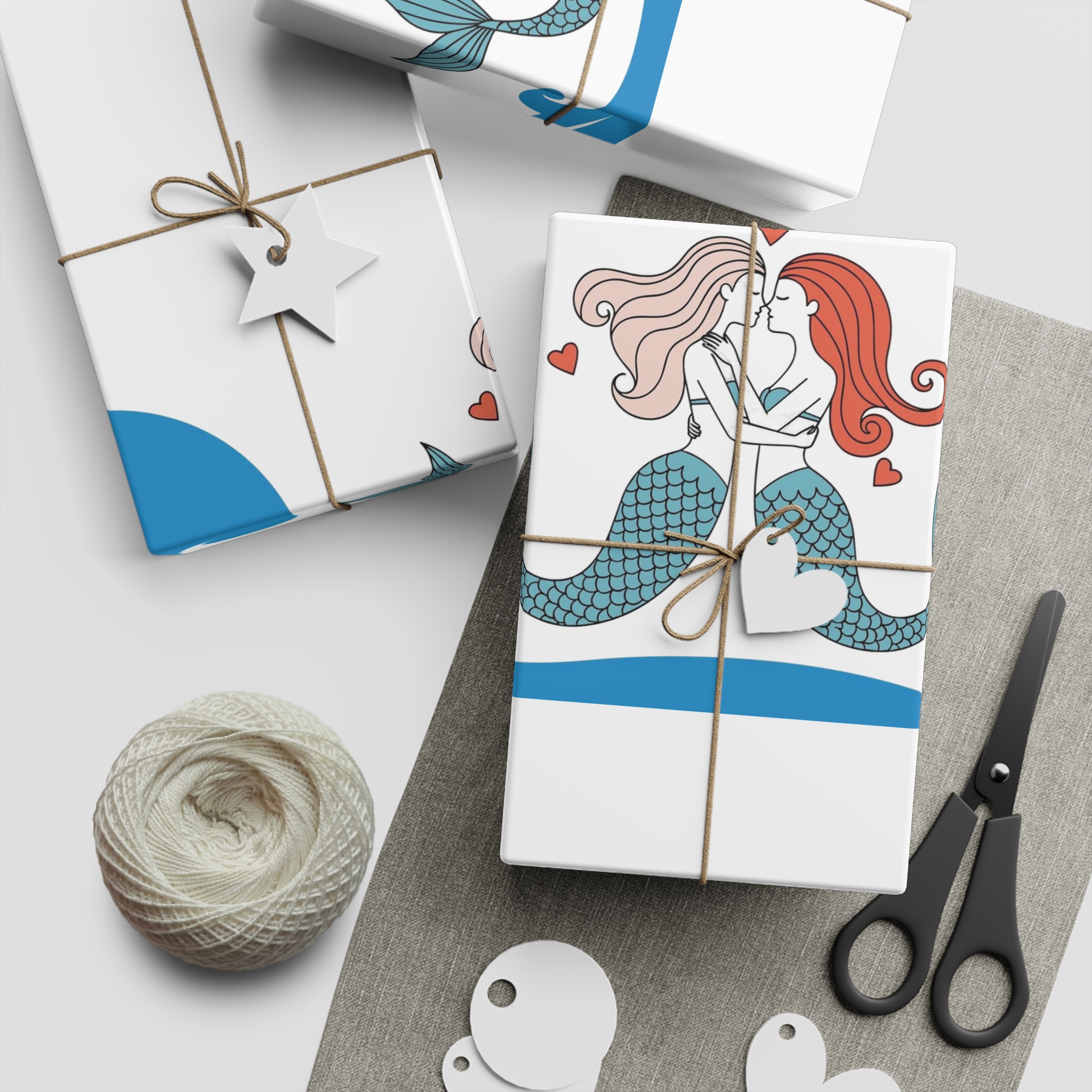 Two Mermaids Love With Hearts Their Heads Gift Wrapping Paper Sheets 1pc - Image 2