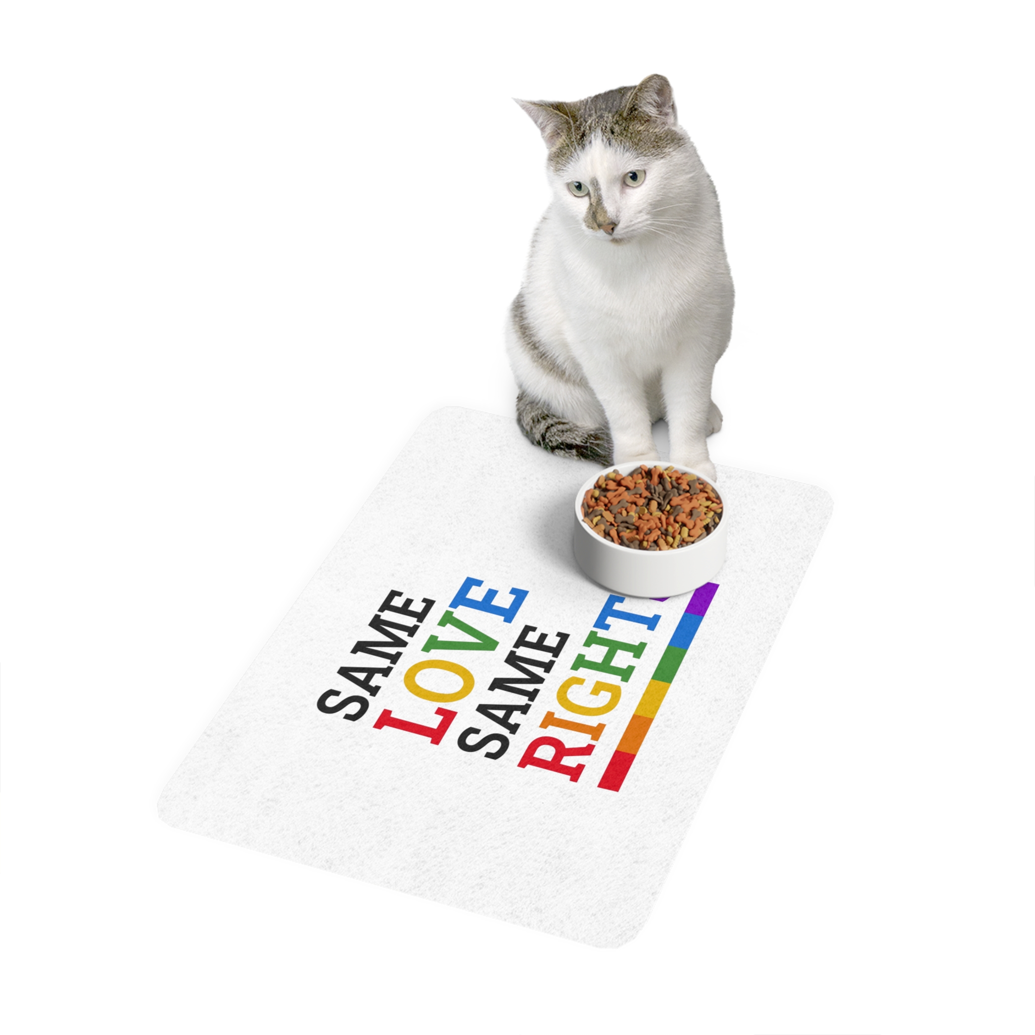 Same Love Same Rights Lgbtq Pride Month Quote Typographic Art With Rainbow Flag White Background Pet Food Mat 12x18 - Image 3