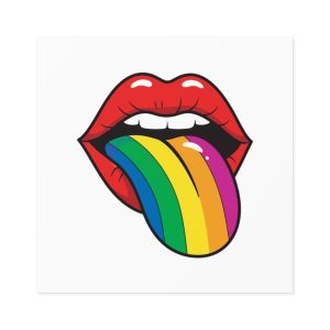 Pop Art Illustration Open Red Lips With Long Colorful Rainbow Tongue Sticking Out Now Laminate Stickers Square
