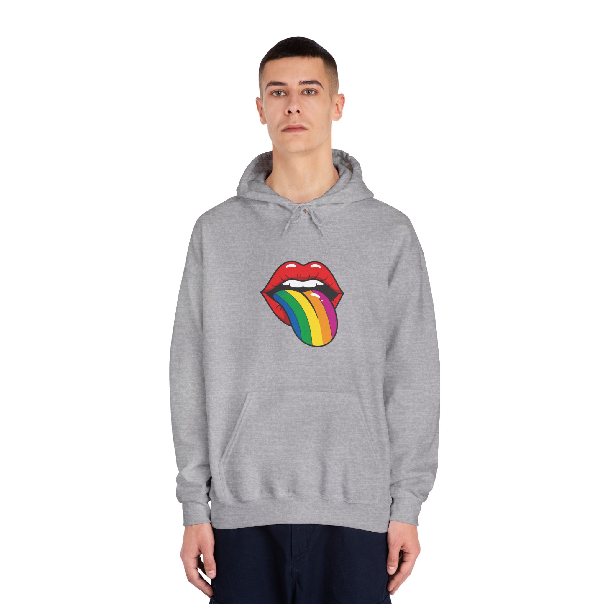 Pop Art Illustration Open Red Lips With Long Colorful Rainbow Tongue Sticking Out Now Unisex Dryblend Hooded Sweatshirt - Image 15