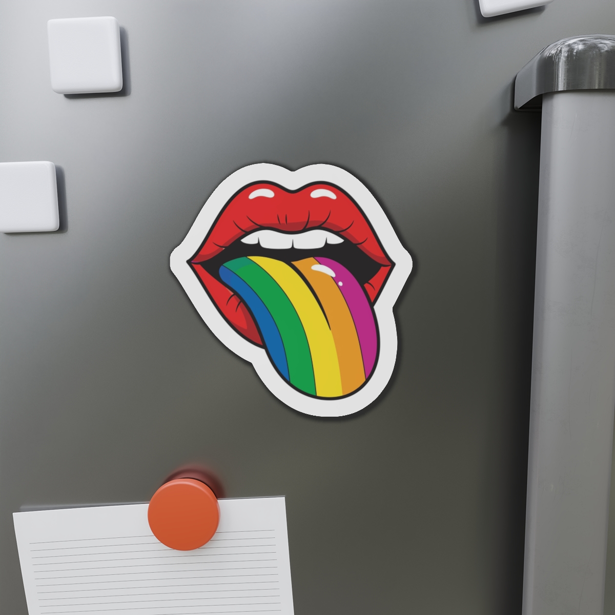 Pop Art Illustration Open Red Lips With Long Colorful Rainbow Tongue Sticking Out Now Die Cut Magnets - Image 14