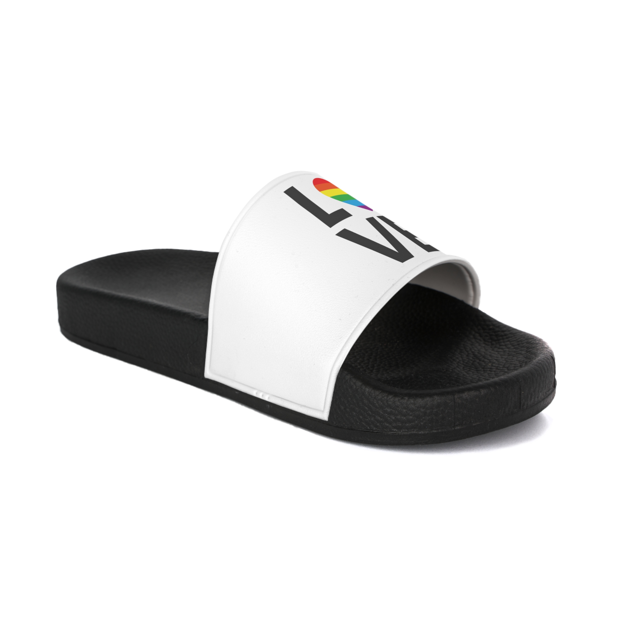 Vector Lgbt Rainbow Flag Love Lettering Isolated White Background Mens Slide Sandals - Image 2